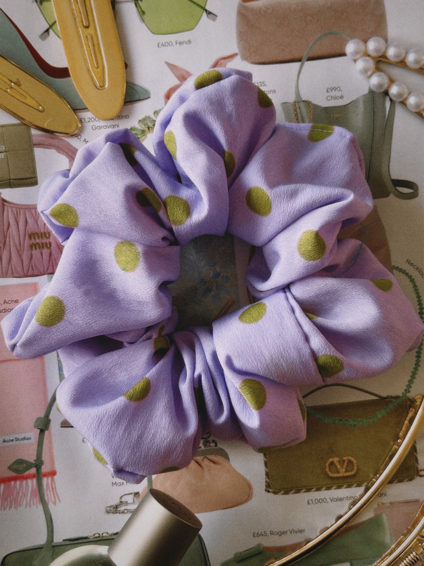 XL Purple and Green Polkadot Scrunchie
