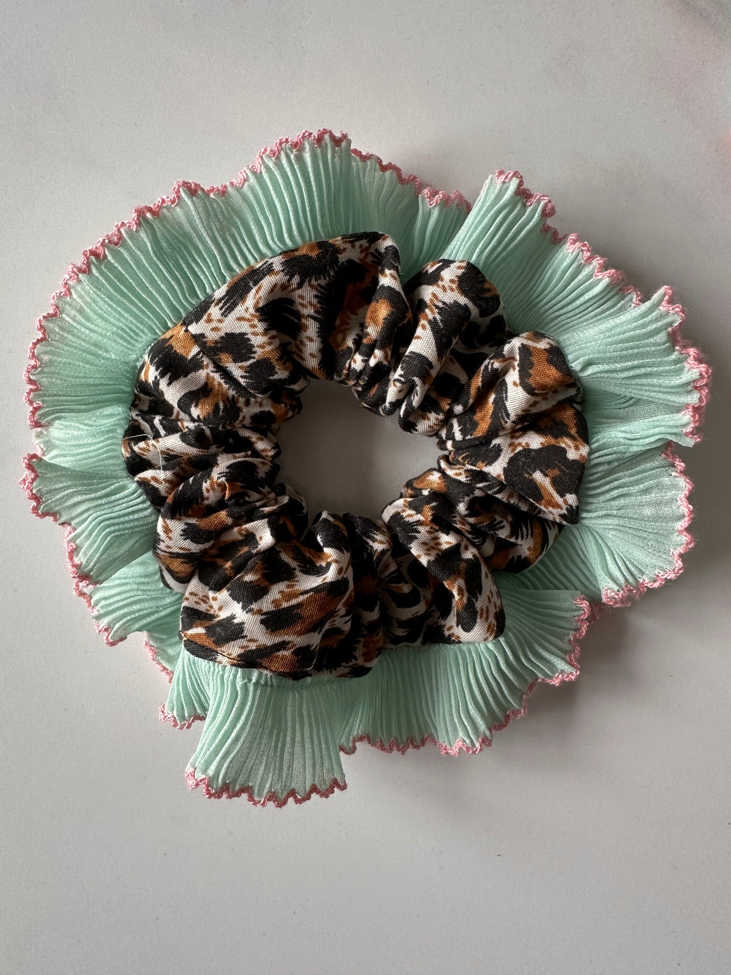 Mini Oversized Leopard Print Scrunchie with a Mint Green Frill Trim
