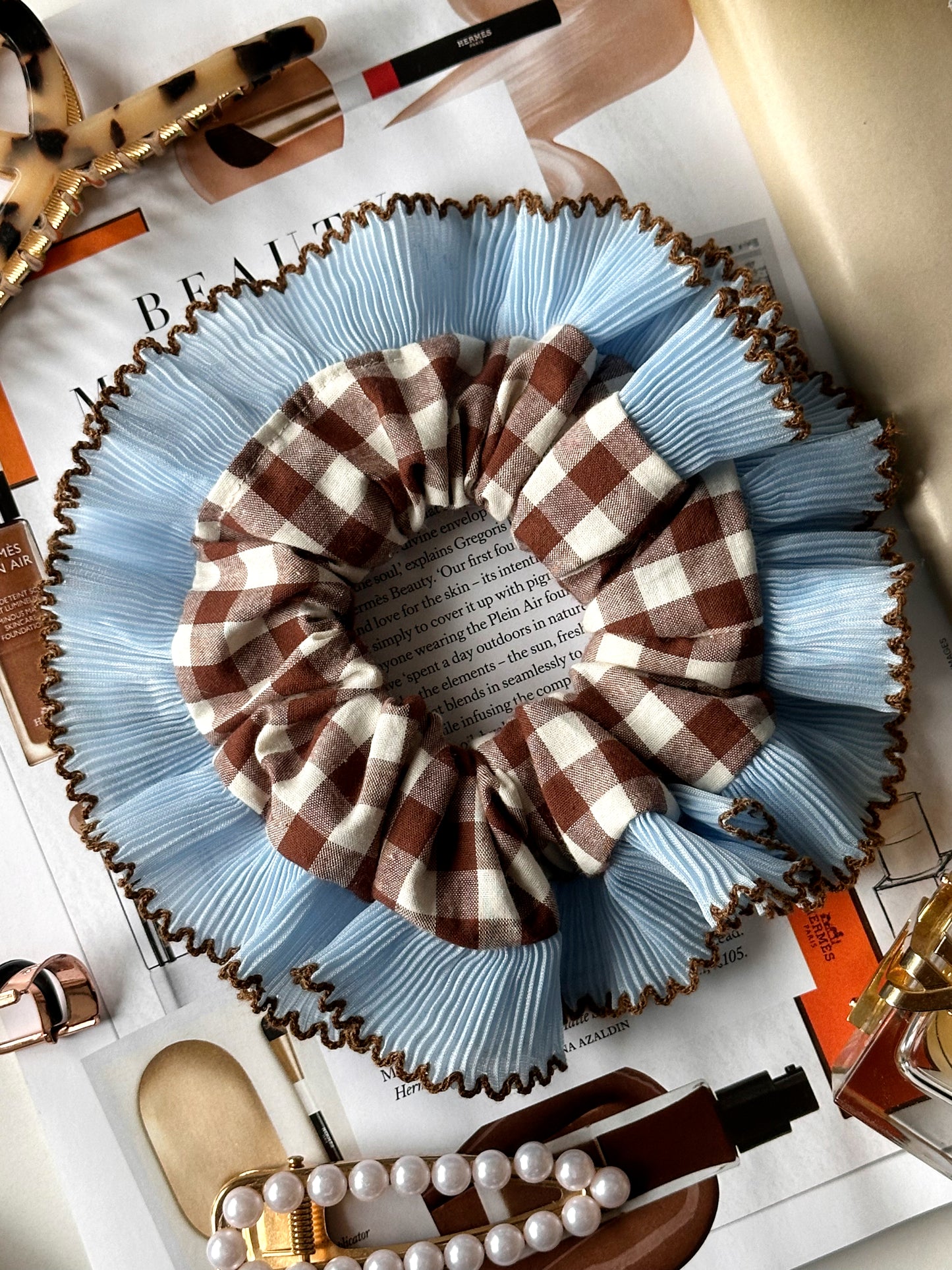 Handmade XL Brown Gingham Scrunchie with Blue and Brown Frill Trim