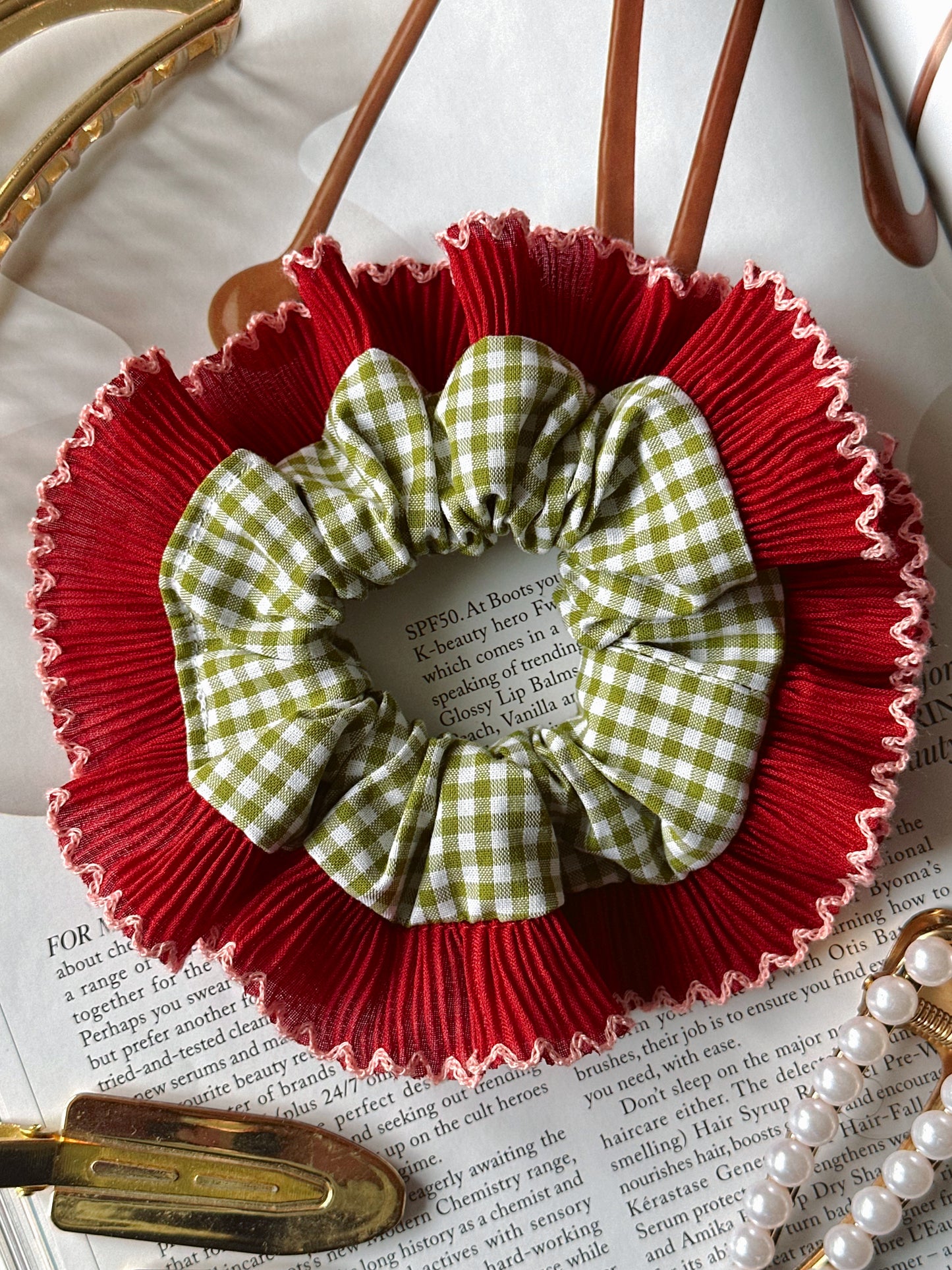 Mini Olive Green Gingham Scrunchie with Red Frill Trim