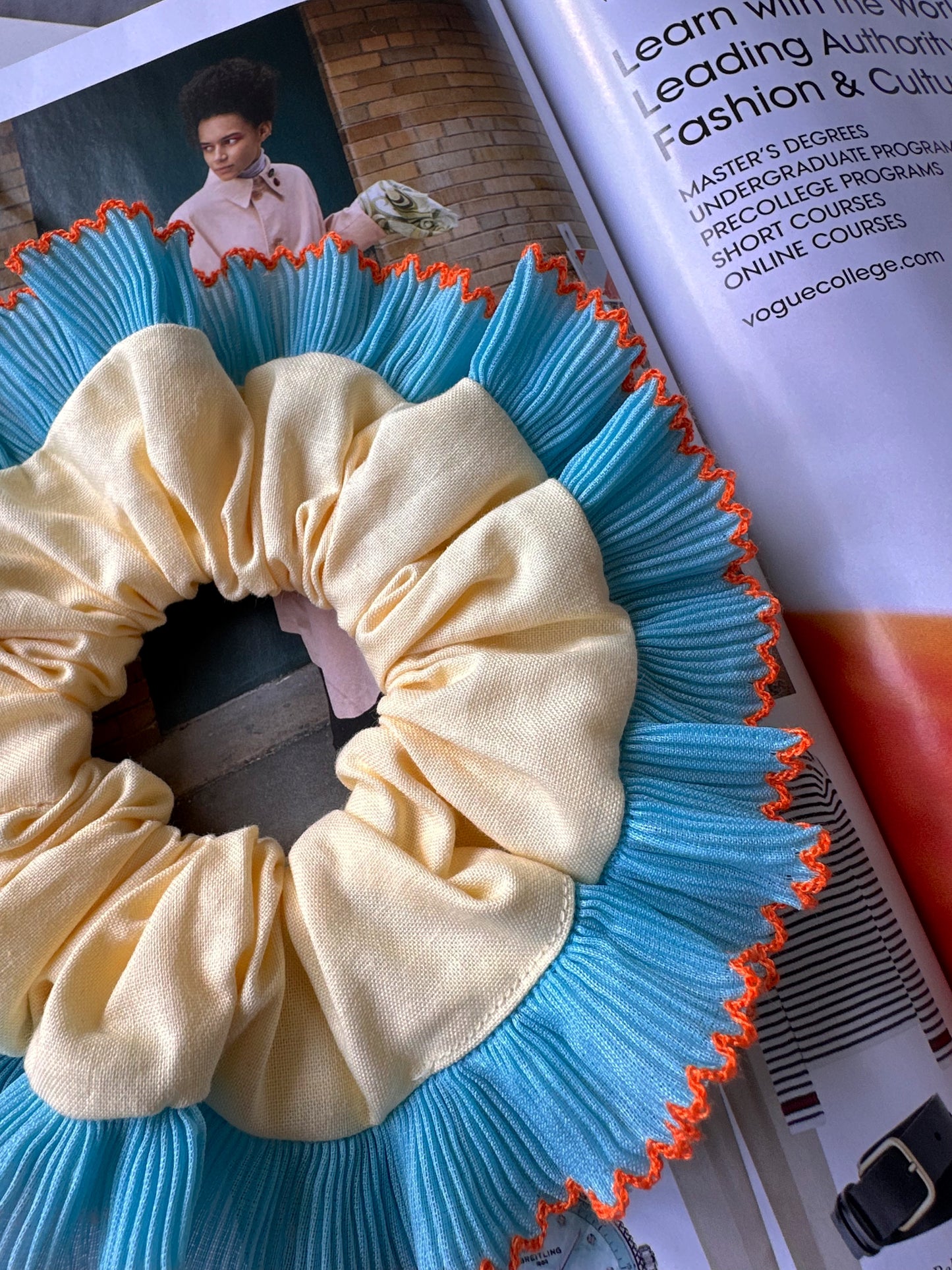 Oversized Butter Yellow Scrunchie with Blue Frill Trim