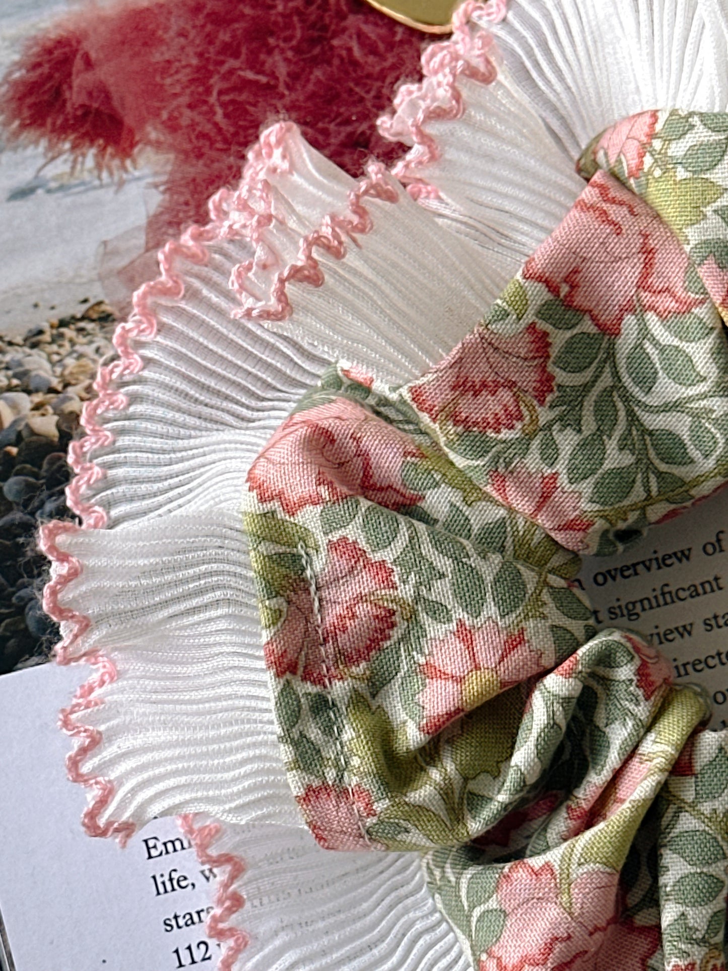 XL Victorian Floral Scrunchie with White and Pink Frill Trim