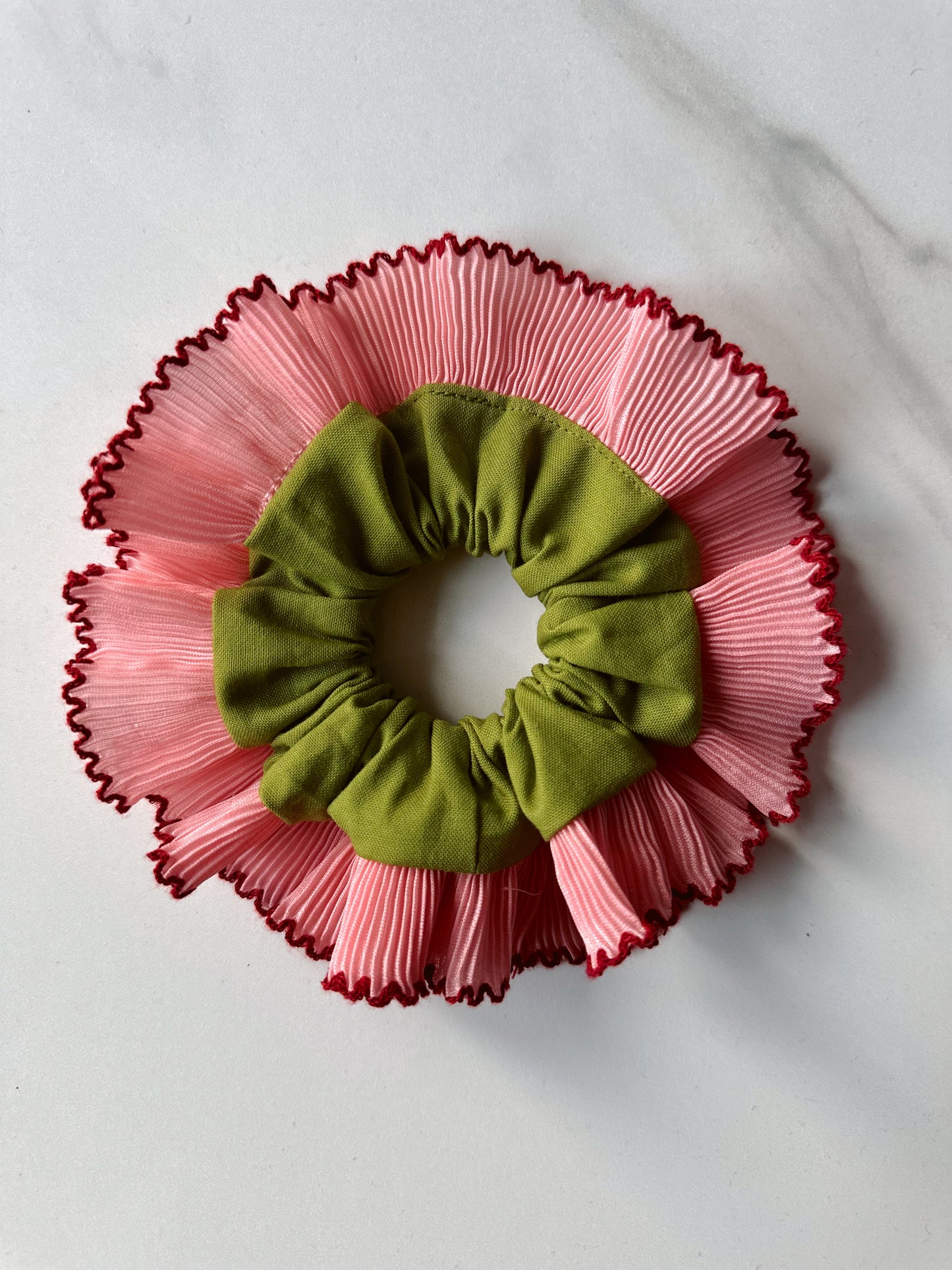 Smaller Oversized Olive Green Scrunchie with Pink and Red Frill Trim