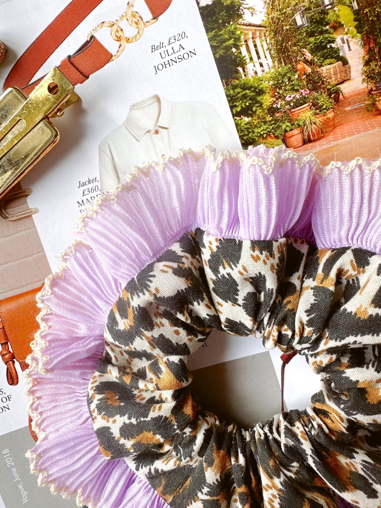 Mini Oversized Leopard Print Scrunchie with a Purple Frill Trim