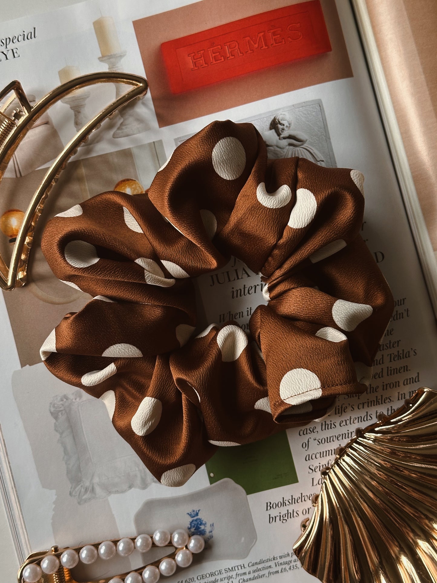 Brown and White Polkadot Satin Scrunchie