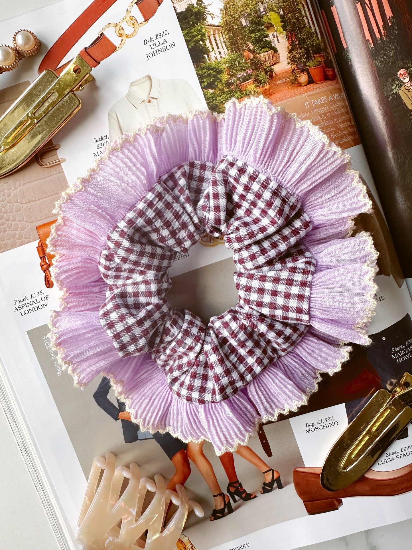 Mini Mulberry Gingham Scrunchie with Purple Frill Trim