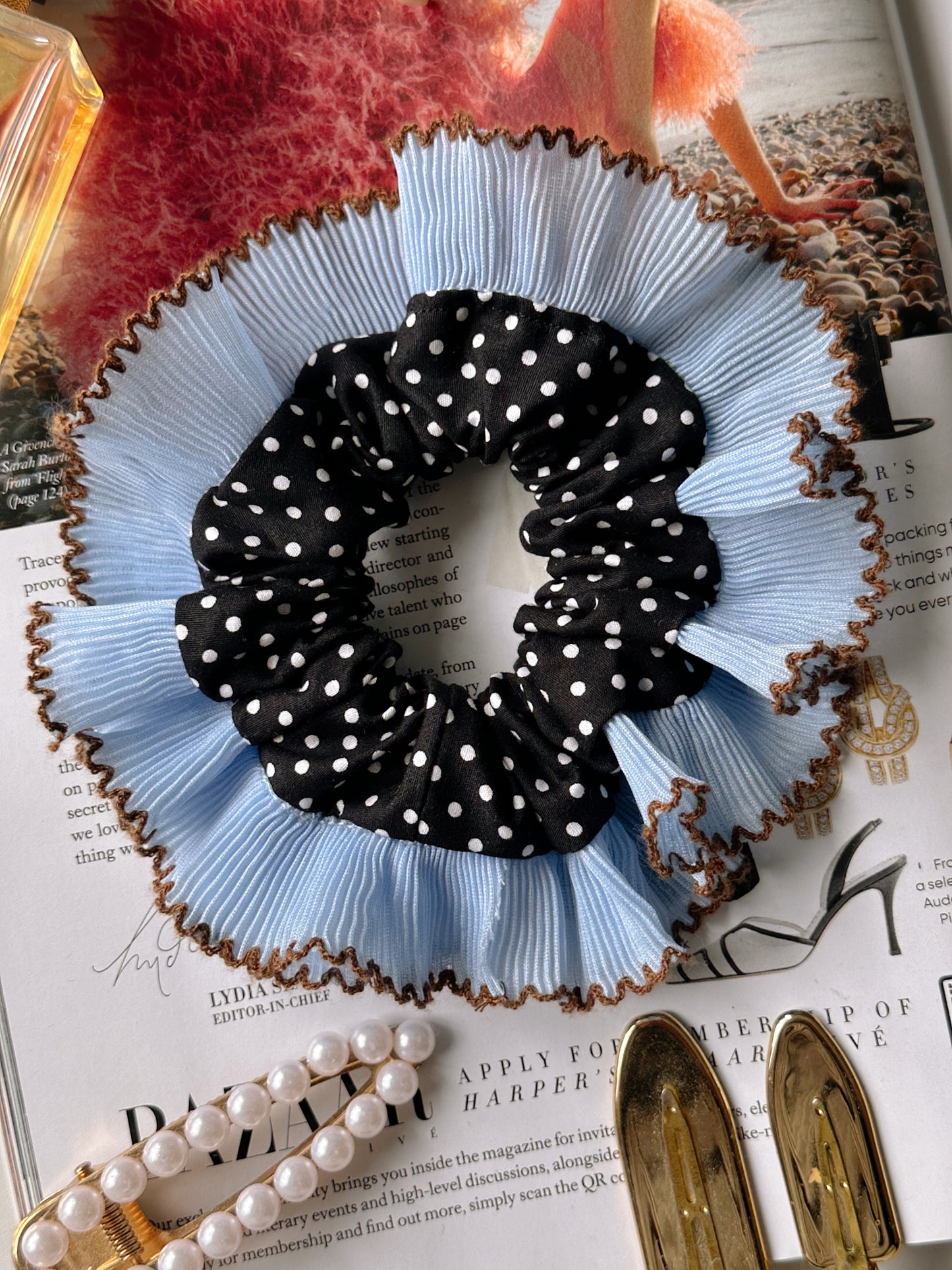Oversized Black Polkadot Scrunchie with Baby Blue Frill Trim