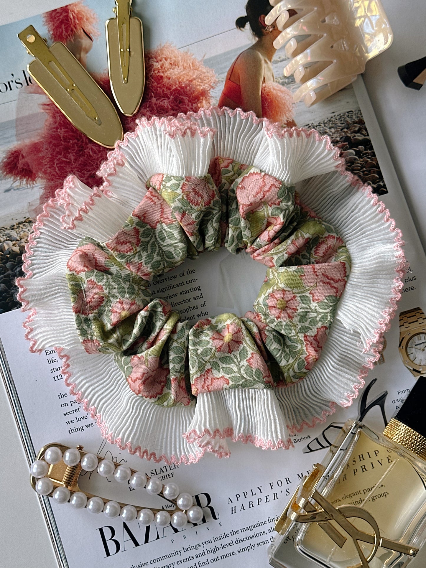 XL Victorian Floral Scrunchie with White and Pink Frill Trim