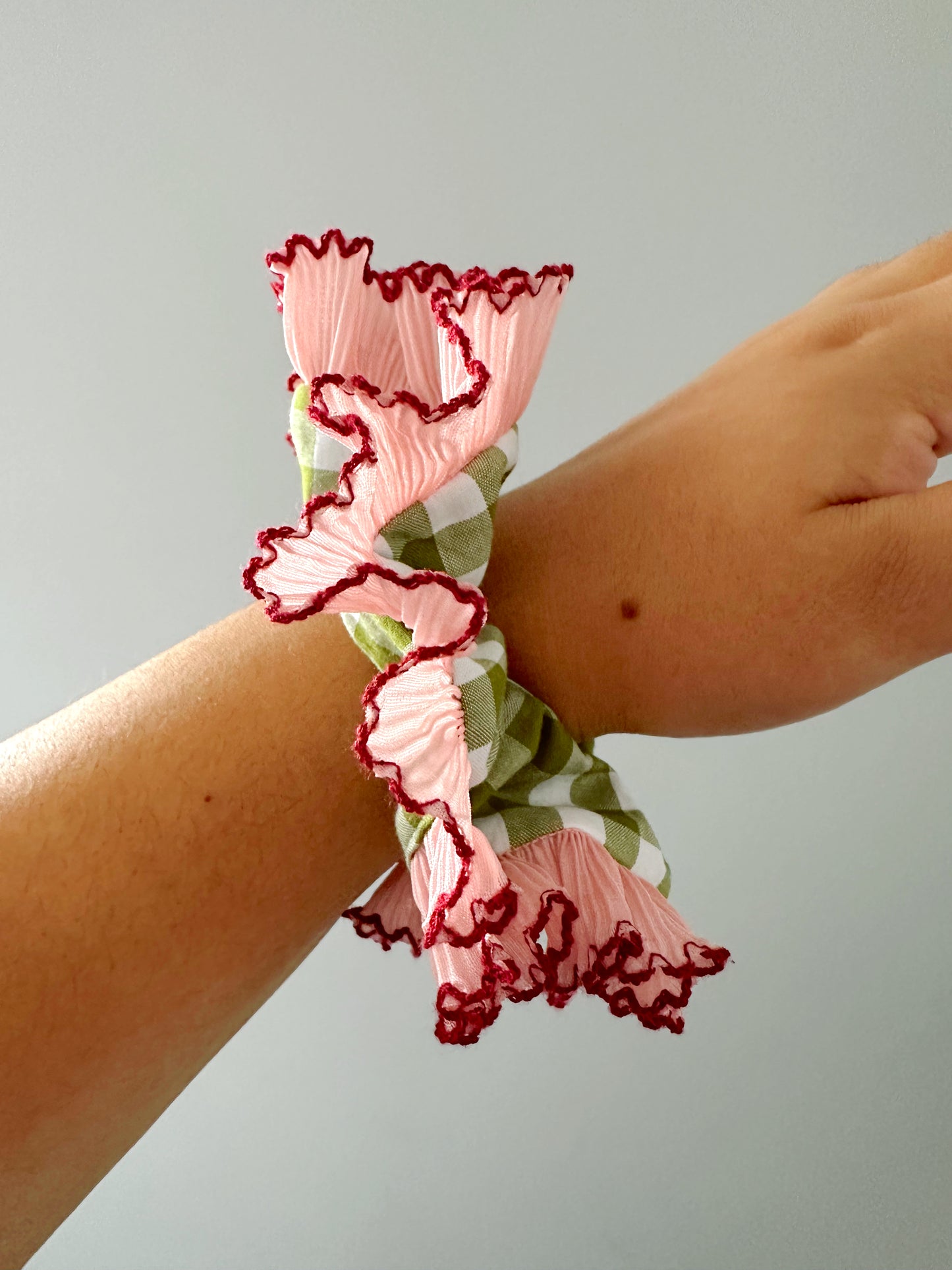 Handmade XL Olive Green Gingham Scrunchie with Pink Frill Trim