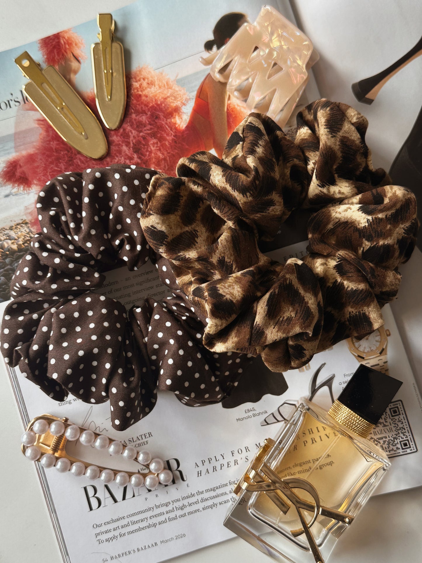 Brown Polkadot & Leopard Print Scrunchie Duo