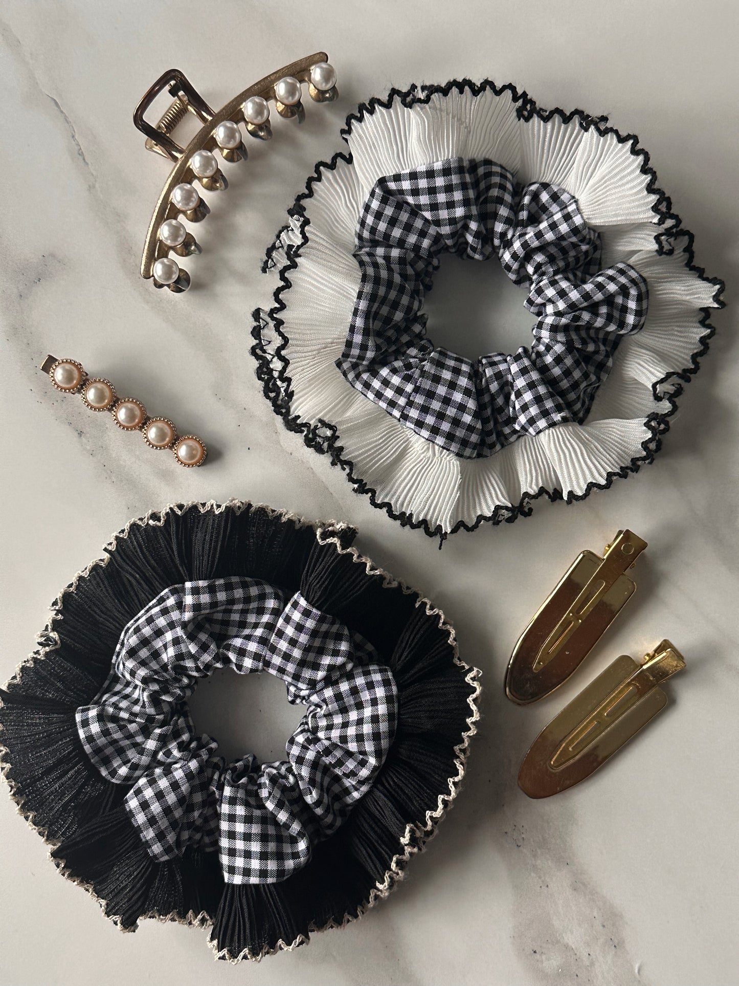 Mini Oversized Black Gingham Scrunchie with Black Frill Trim