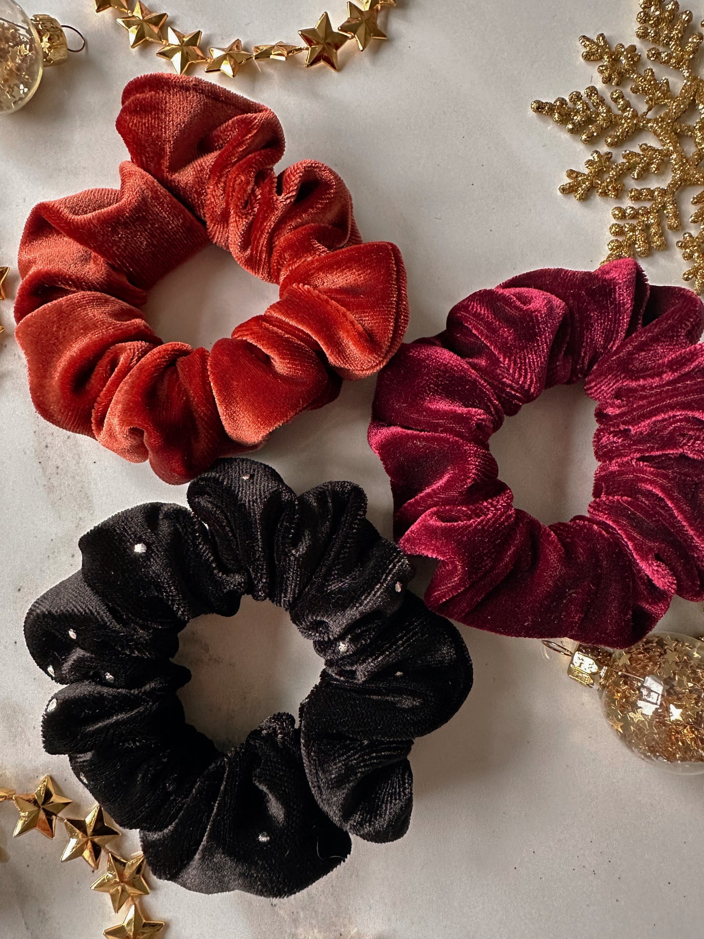 Set of 3 Velvet Scrunchies - Rust Orange, Burgundy and Black