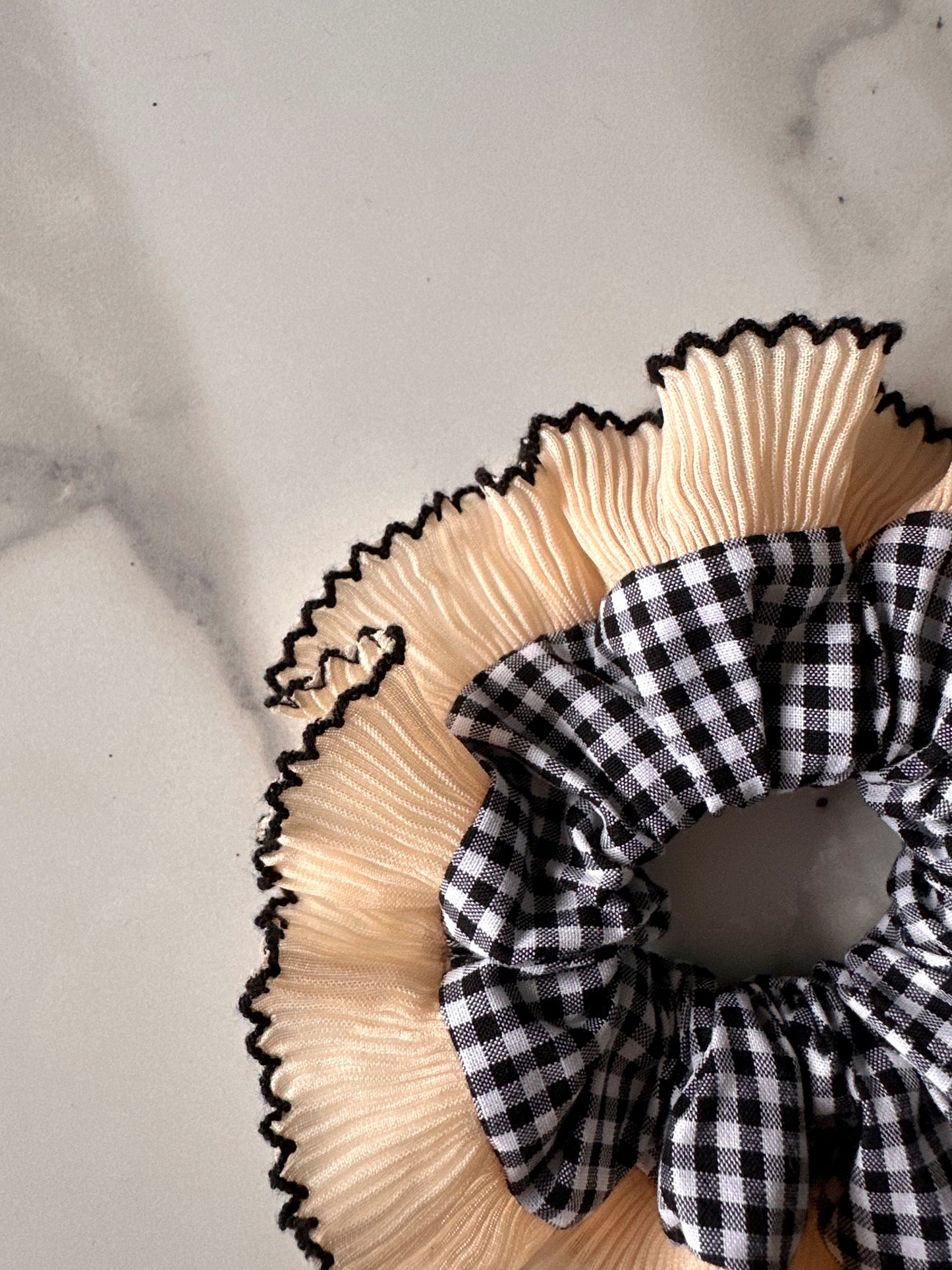 Smaller Black Gingham Scrunchie with Cream Frill Trim