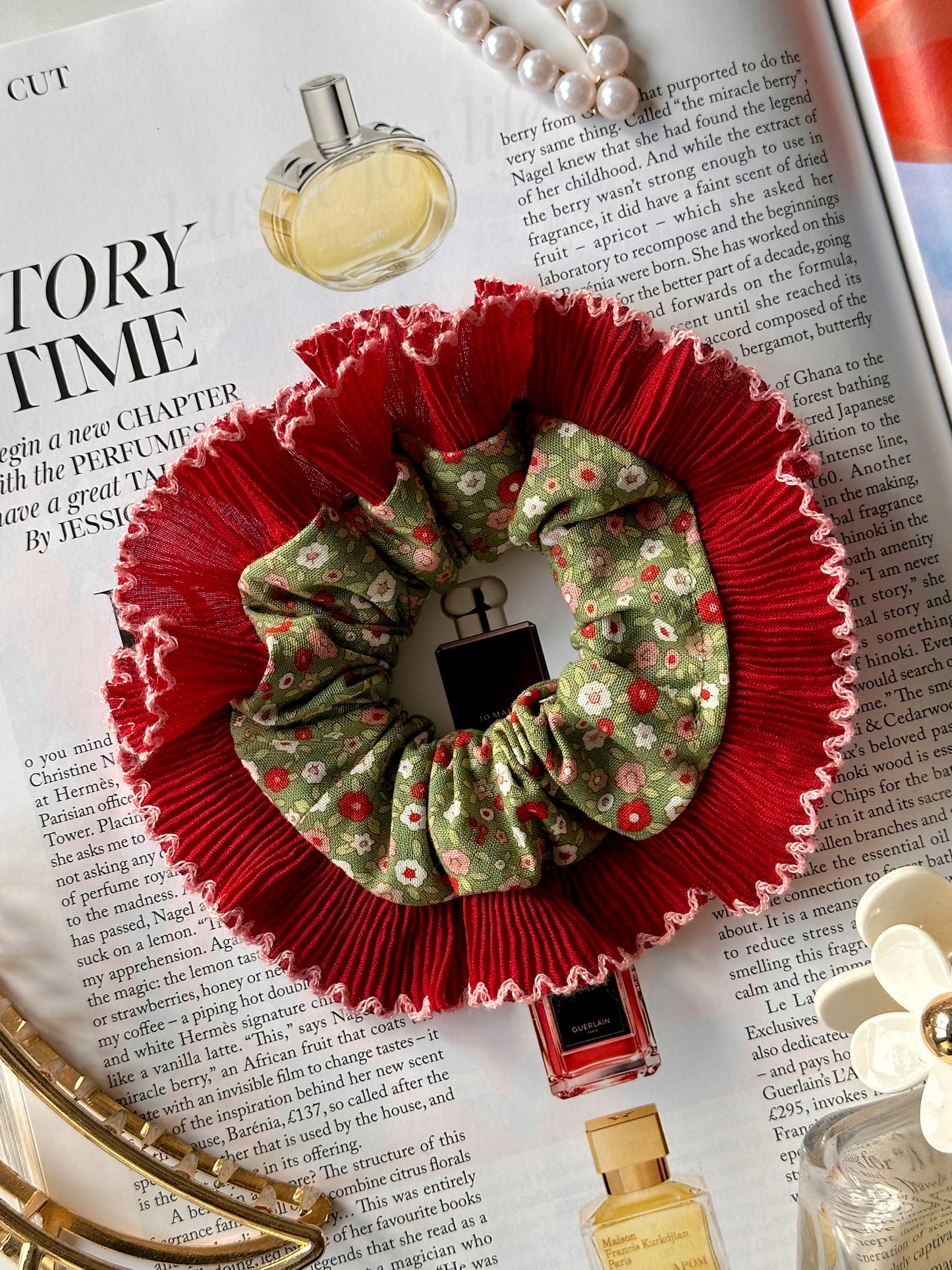 Smaller Oversized Dark Green Ditsy Floral Scrunchie with Red Frill Trim