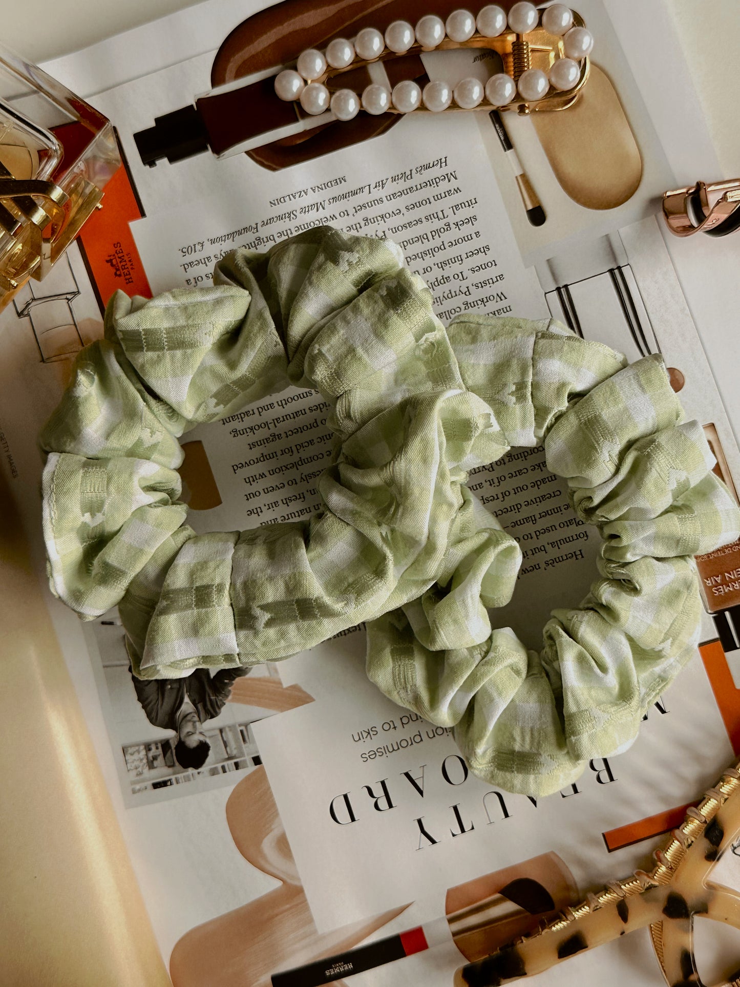 Valentines Pale Green Gingham and Heart Print Scrunchie