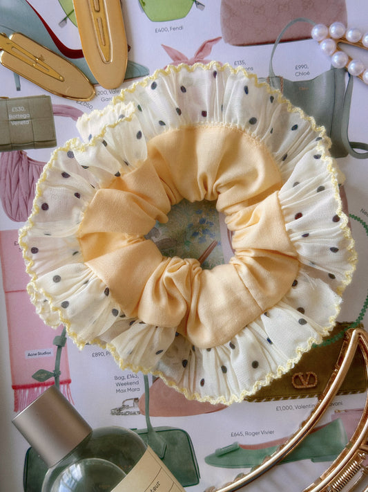 Oversized Butter Yellow Scrunchie with Polkadot Trim
