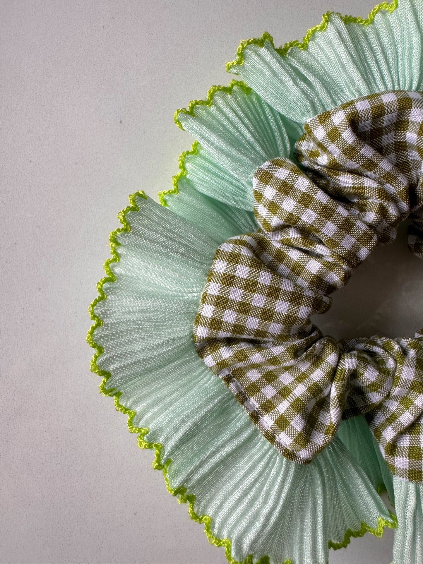 Mini Oversized Olive Green Gingham Scrunchie with Green Frill Trim
