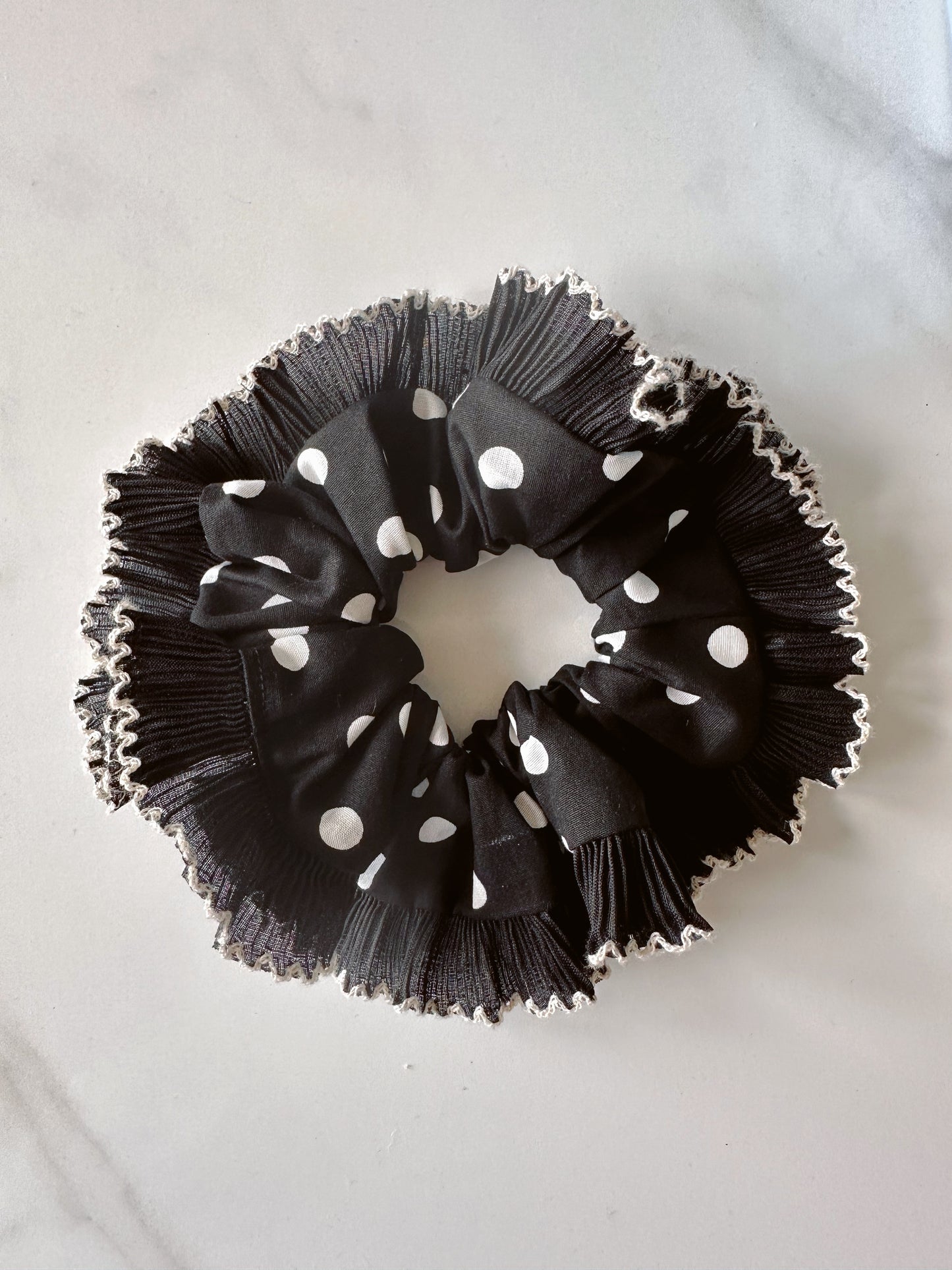 XL Black Polkadot Scrunchie with Black and White Frill Trim