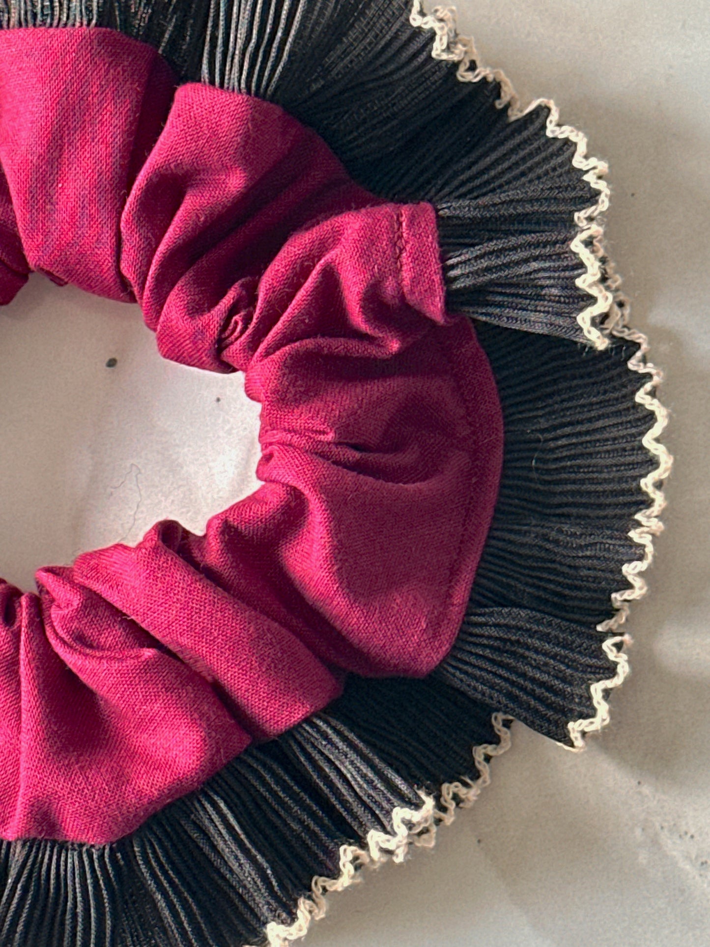 Handmade XL Dark Purple Scrunchie with Black Frill Trim