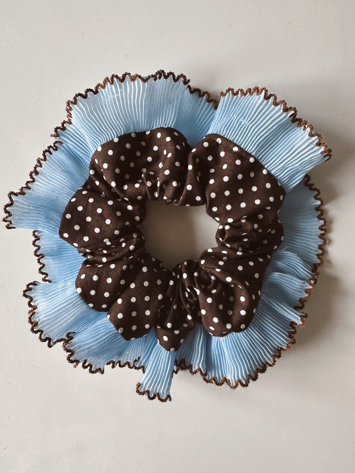 Oversized Dark Brown Polkadot Scrunchie with Baby Blue Frill Trim