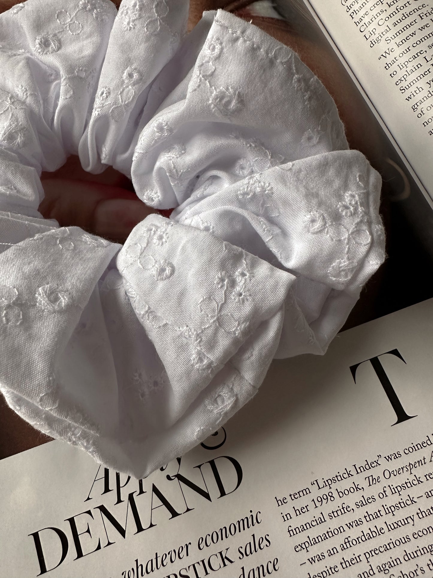 Handmade White Embroidered Scrunchie