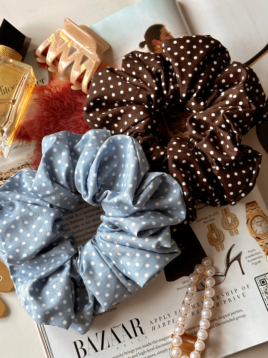 Baby Blue Polkadot & Brown Polkadot Scrunchie Duo