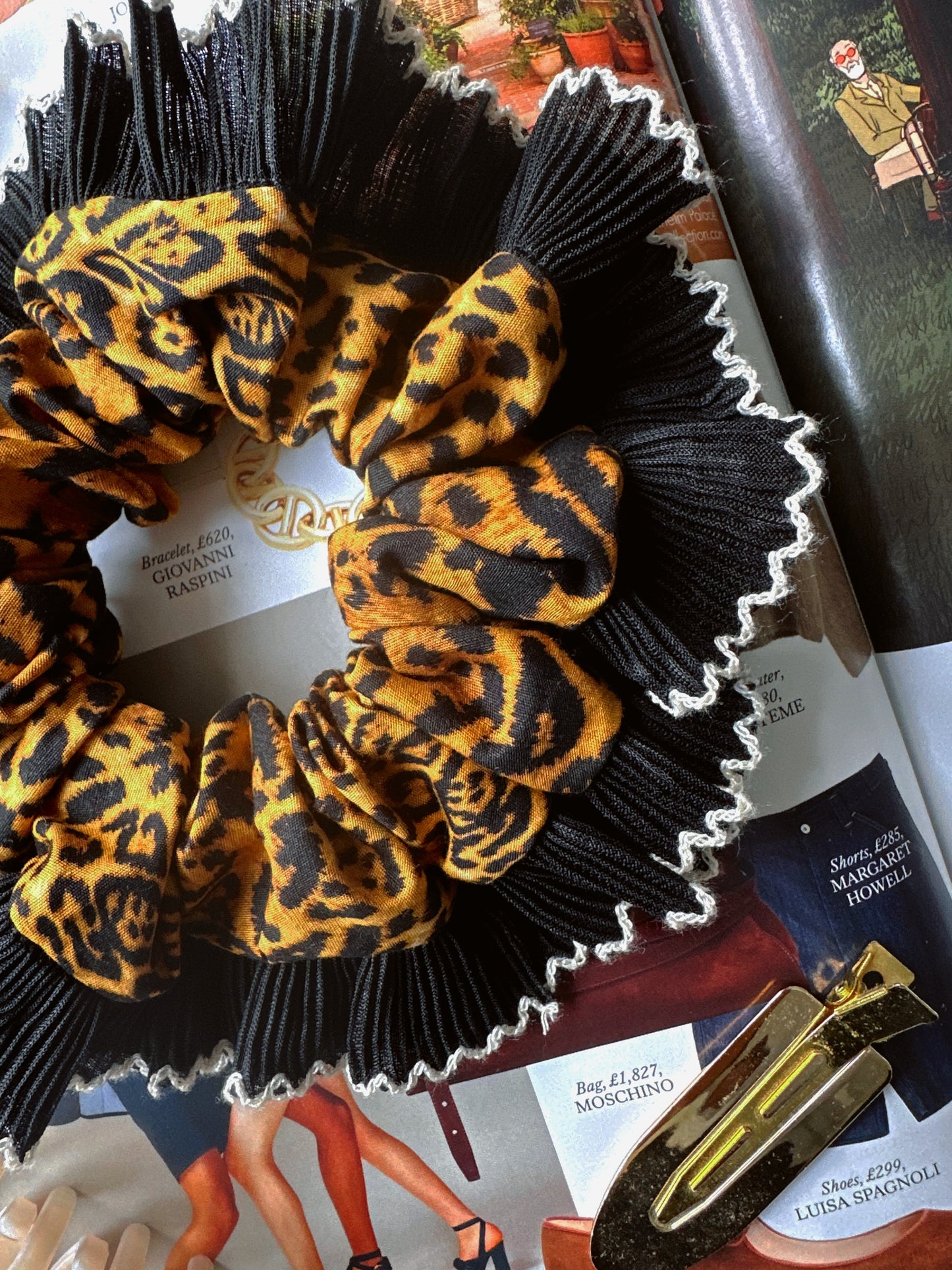 Handmade XL Leopard Print Scrunchie with Black Frill Trim