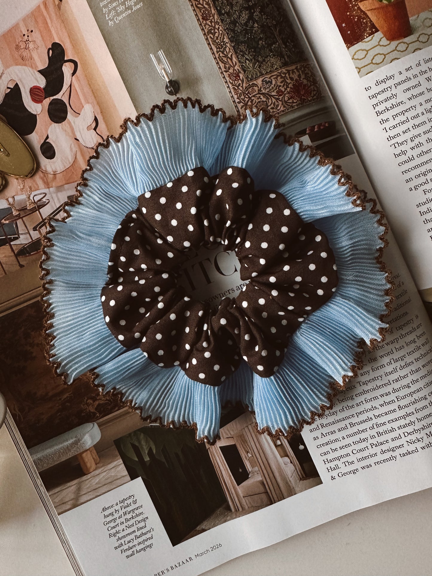 Oversized Dark Brown Polkadot Scrunchie with Baby Blue Frill Trim