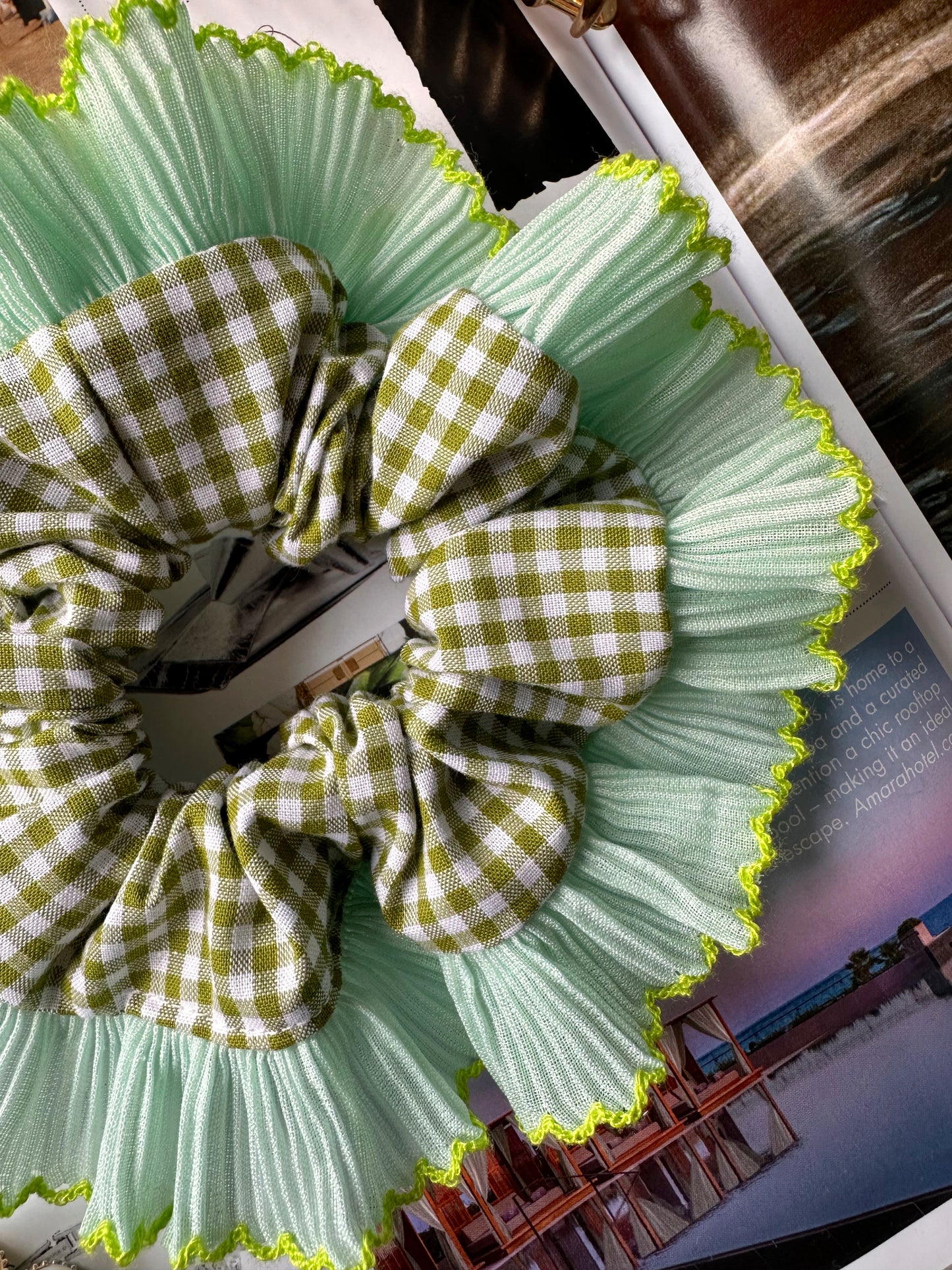 Mini Oversized Olive Green Gingham Scrunchie with Green Frill Trim