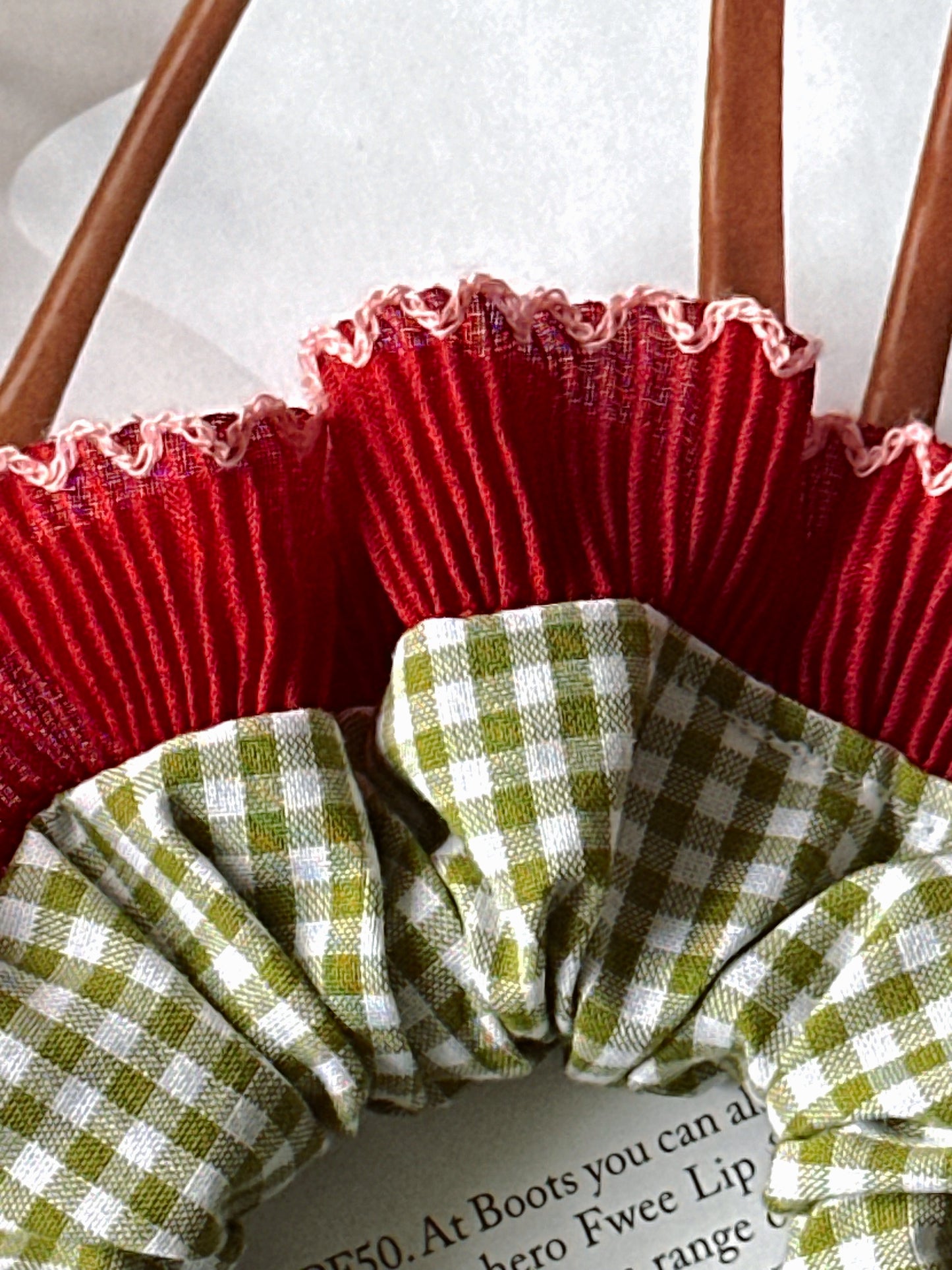 Mini Olive Green Gingham Scrunchie with Red Frill Trim