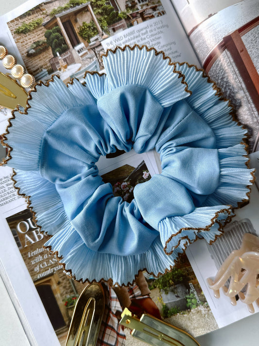 Handmade XL Light Blue Ruffle Scrunchie with Brown Trim