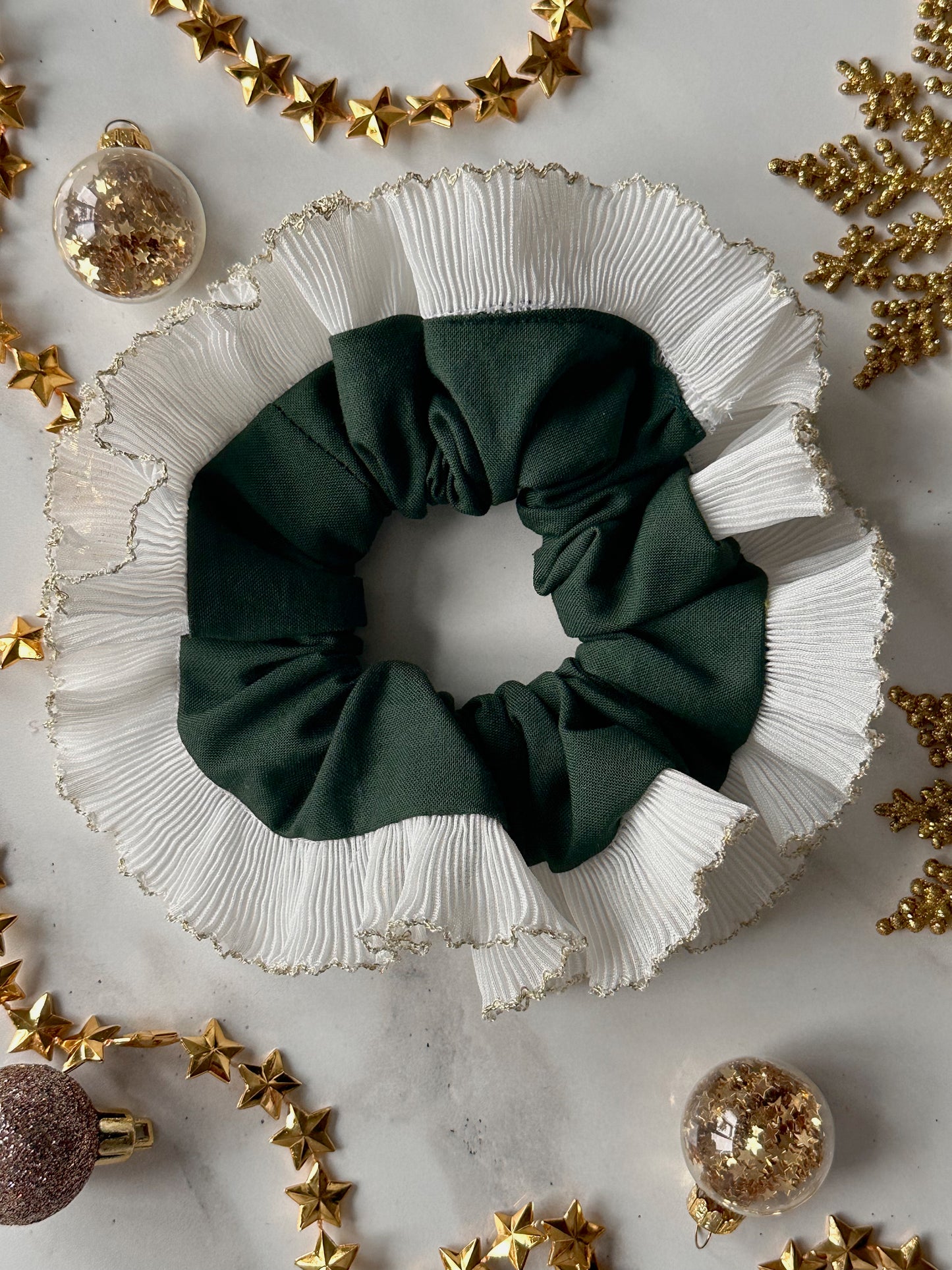 Forest Green Scrunchie with White and Gold Frill Trim