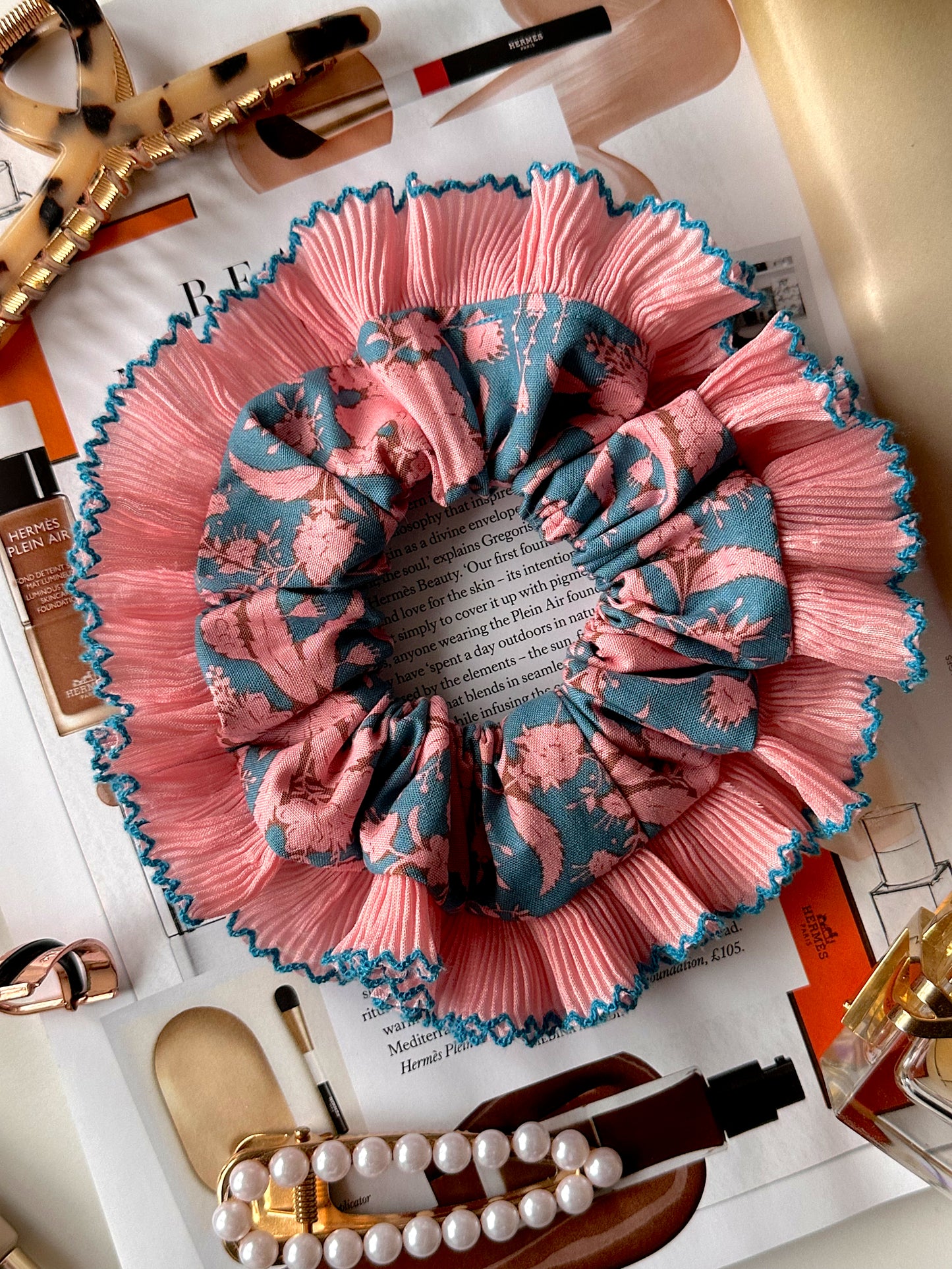 Oversized Turquoise and Pink Scrunchie with a Pink Frill Trim