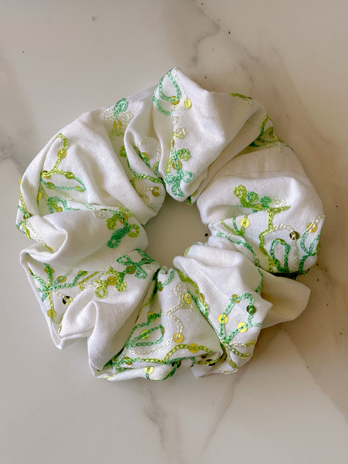 White Linen Scrunchie with Green Sequinned Embroidery