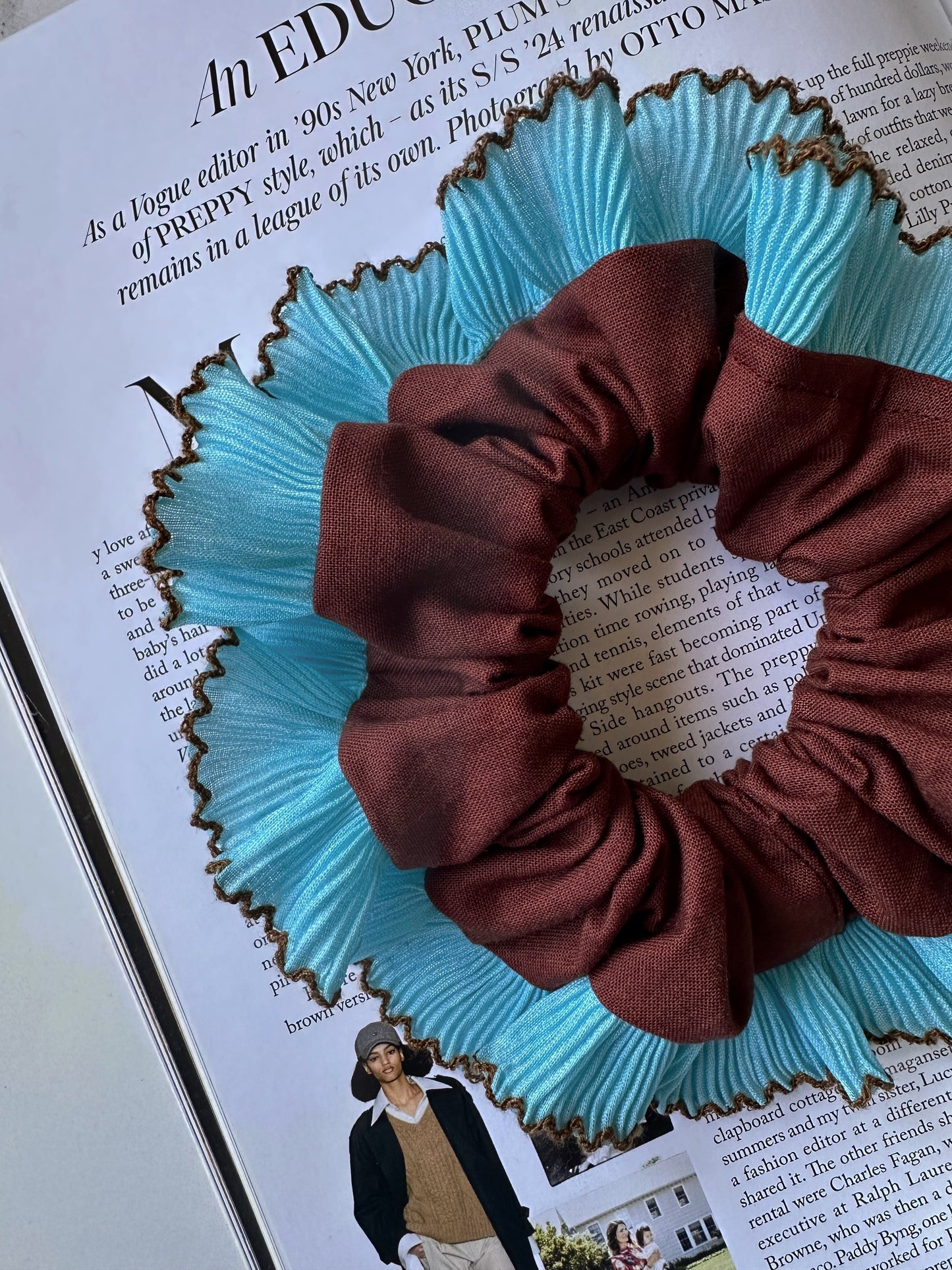 Handmade XL Chocolate Brown Scrunchie with Blue and Brown Frill Trim