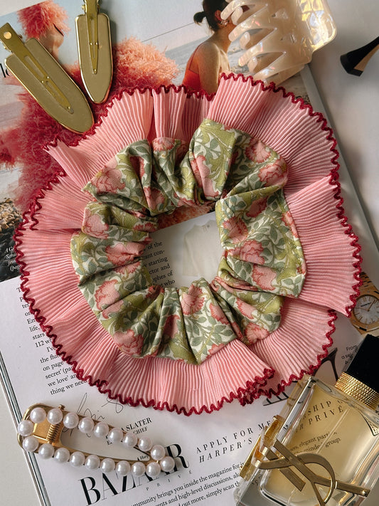 XL Victorian Floral Scrunchie with Pink and Red Frill Trim
