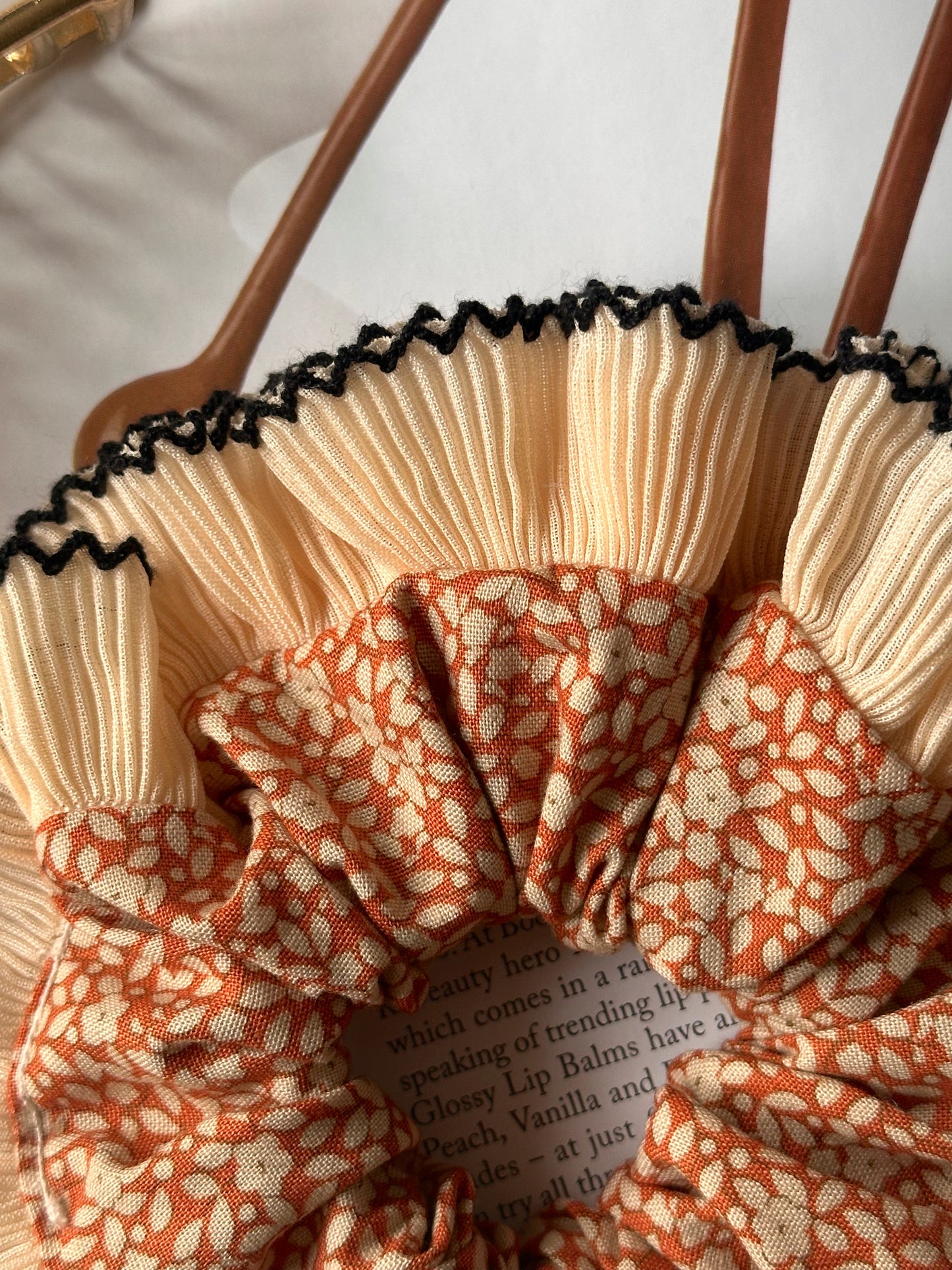 Mini Orange Floral Scrunchie with Cream Frill Trim