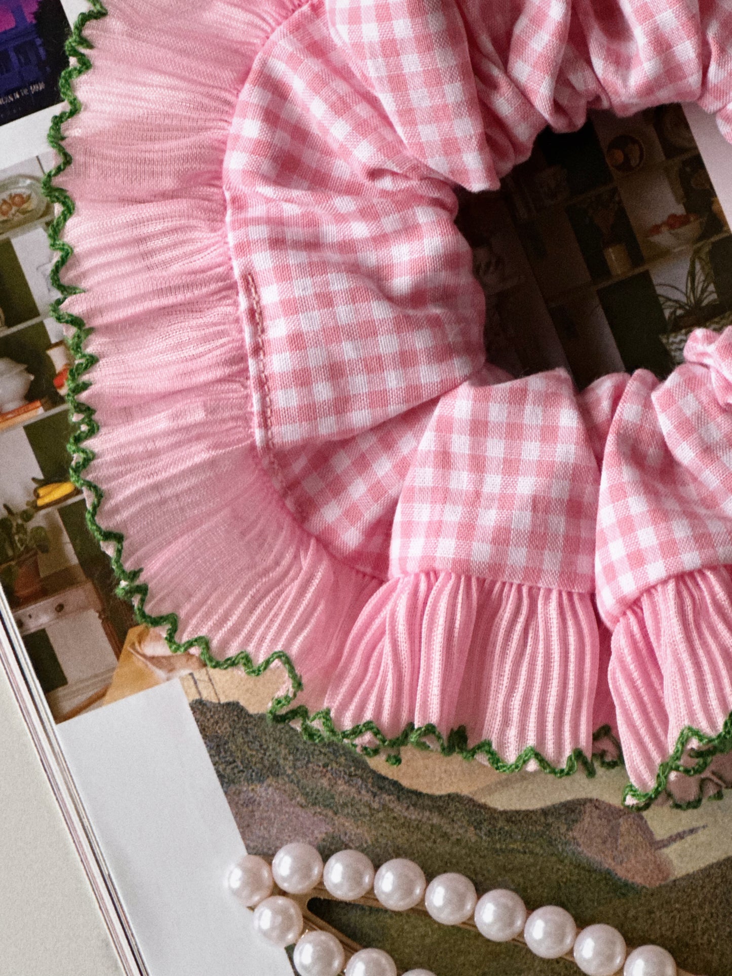 XL Pink Gingham Scrunchie with Pink and Green Frill Trim