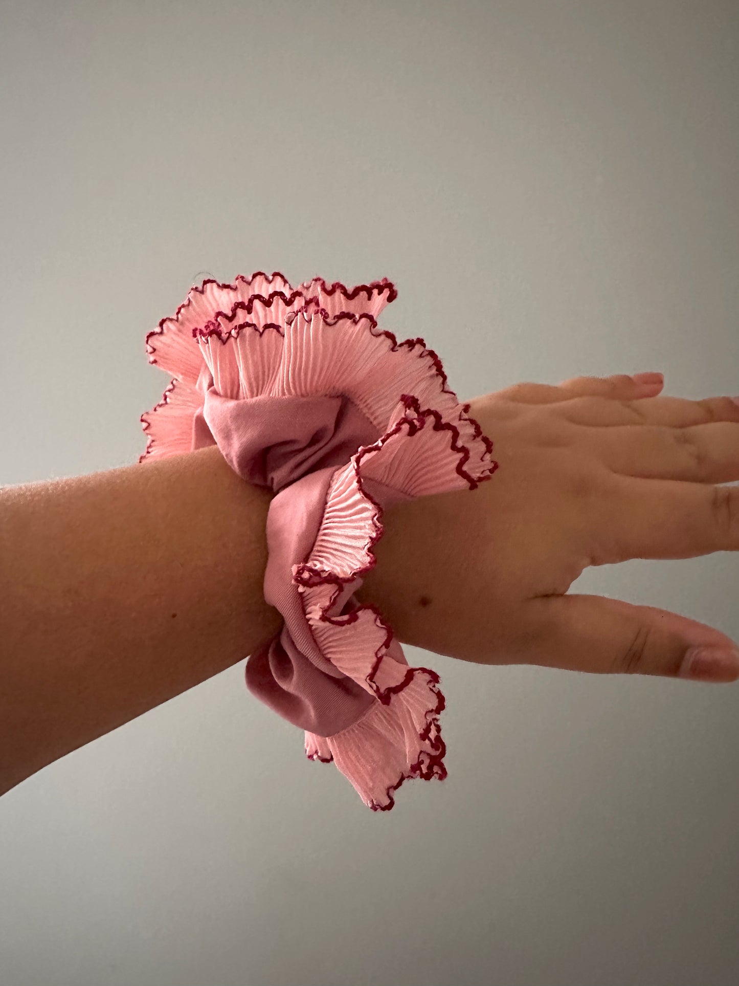 XL Dusk Pink Scrunchie with Pink and Red Frill Trim