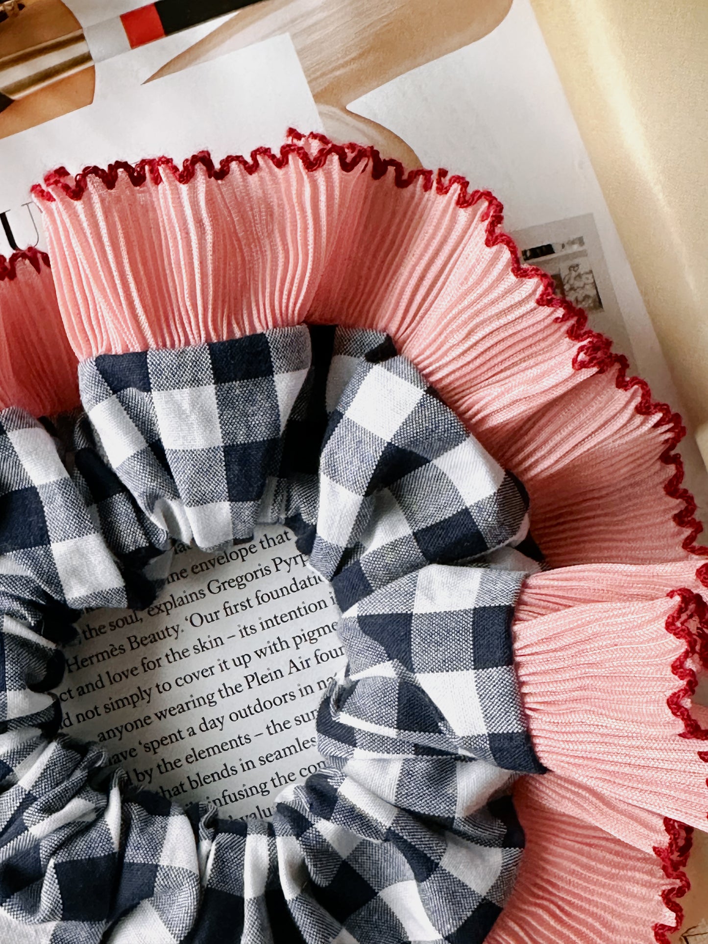 Handmade XL Navy Blue Gingham Scrunchie with Pink Frill Trim