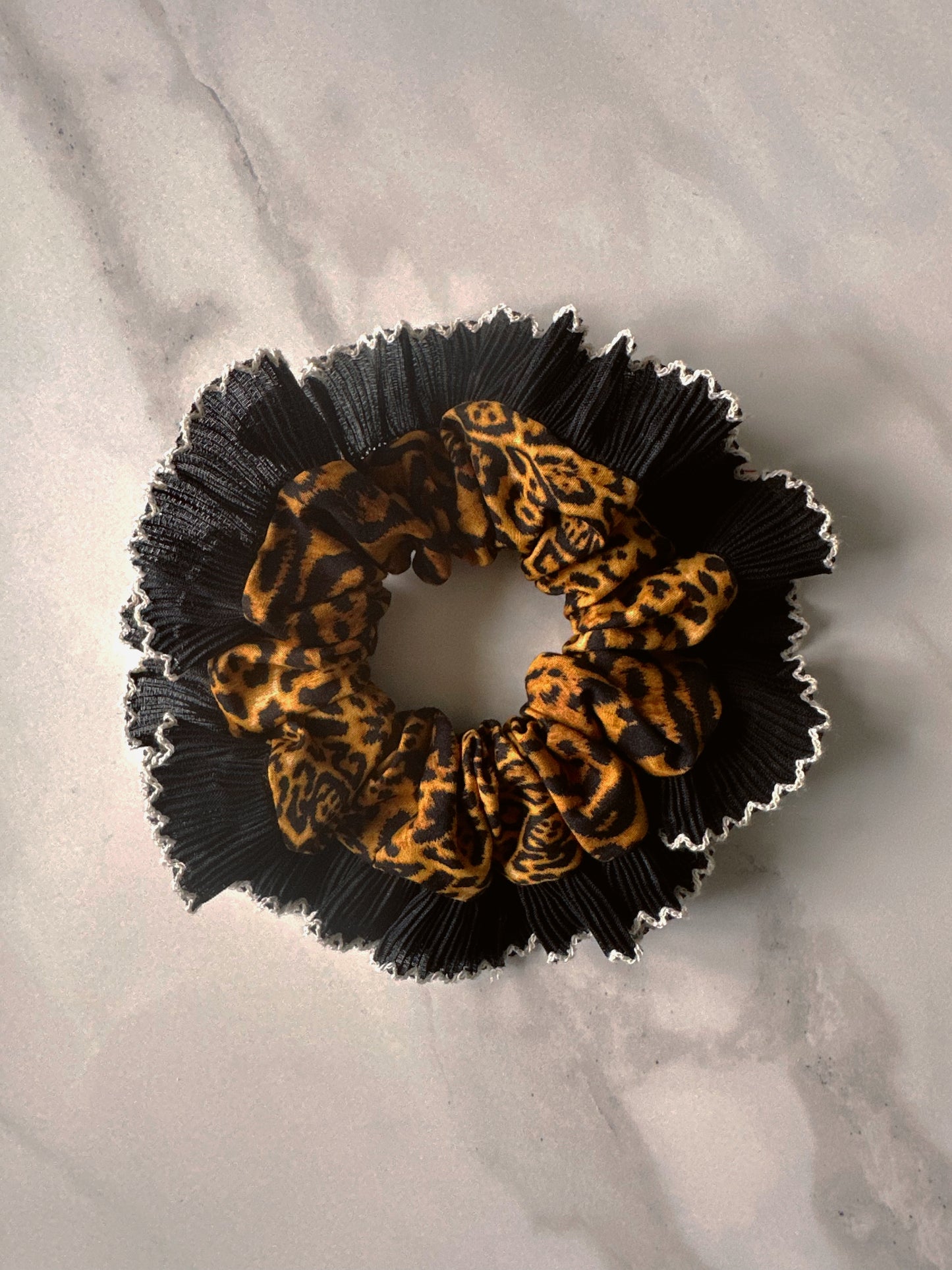 Handmade XL Leopard Print Scrunchie with Black Frill Trim