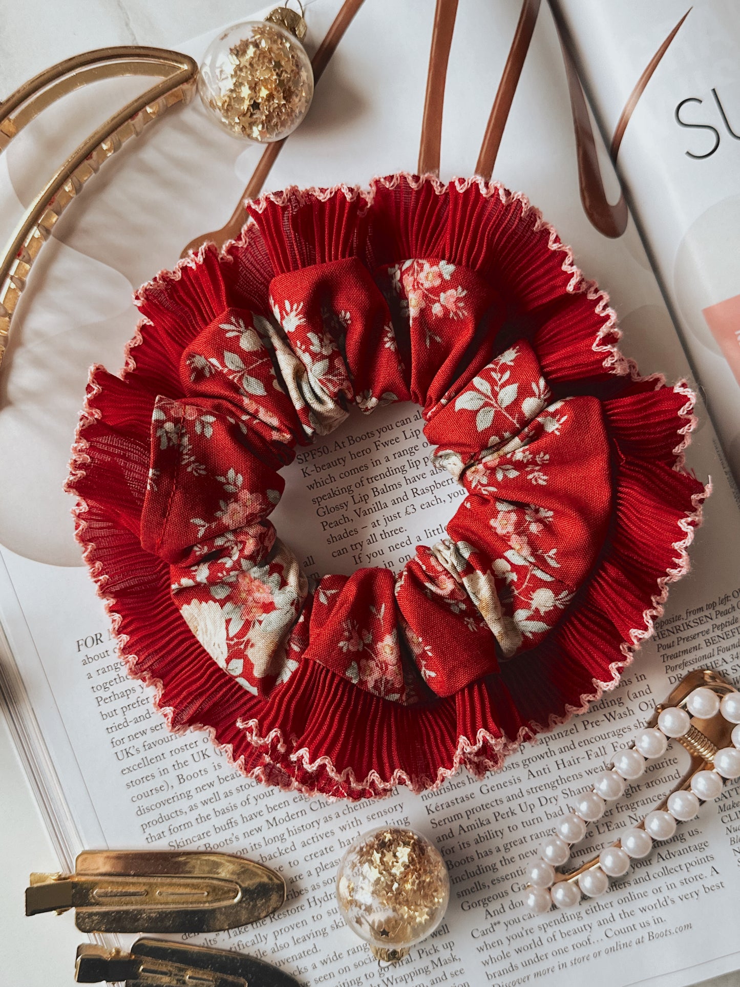 Red Floral Scrunchie with Red and Pink Frill Trim
