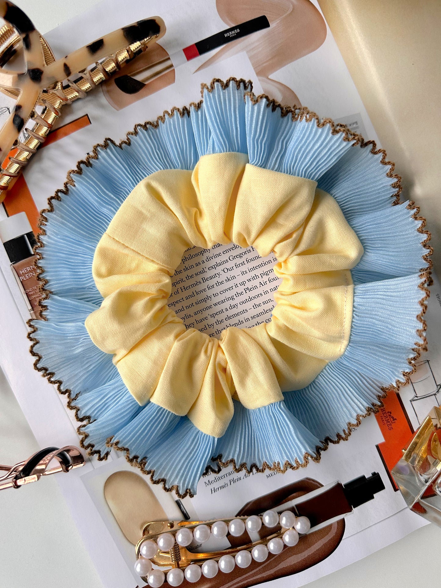 Handmade XL Butter Yellow Scrunchie with Blue and Brown Frill Trim