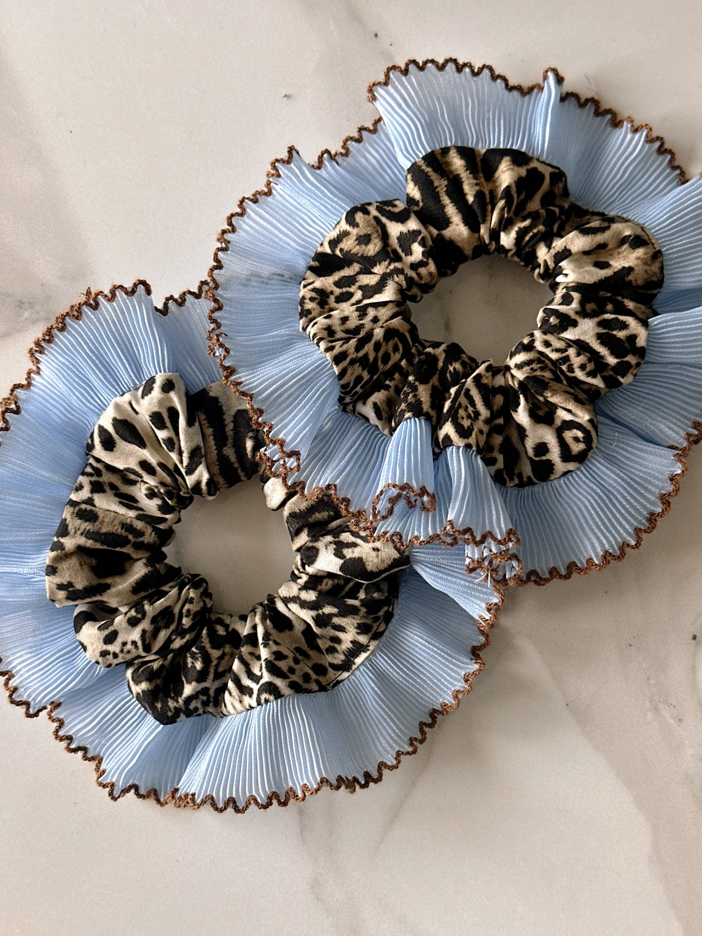 Oversized Leopard Print Scrunchie with Baby Blue Frill Trim