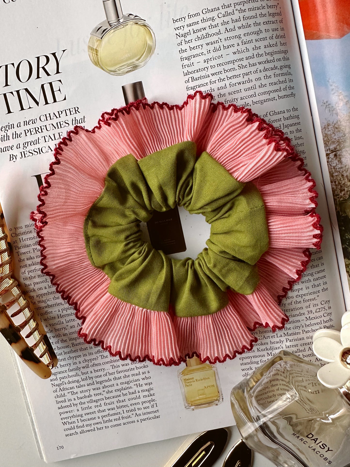Smaller Oversized Olive Green Scrunchie with Pink and Red Frill Trim