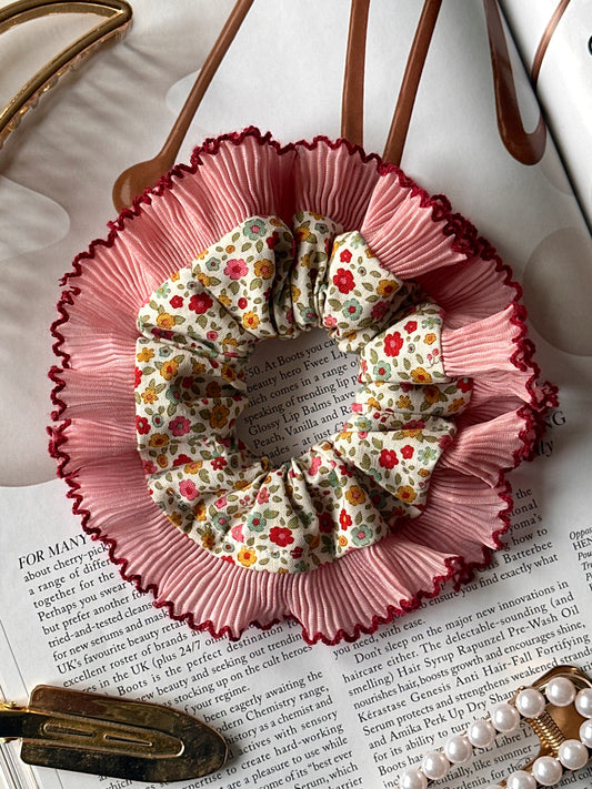 Mini Cream Floral Scrunchie with Pink Frill Trim