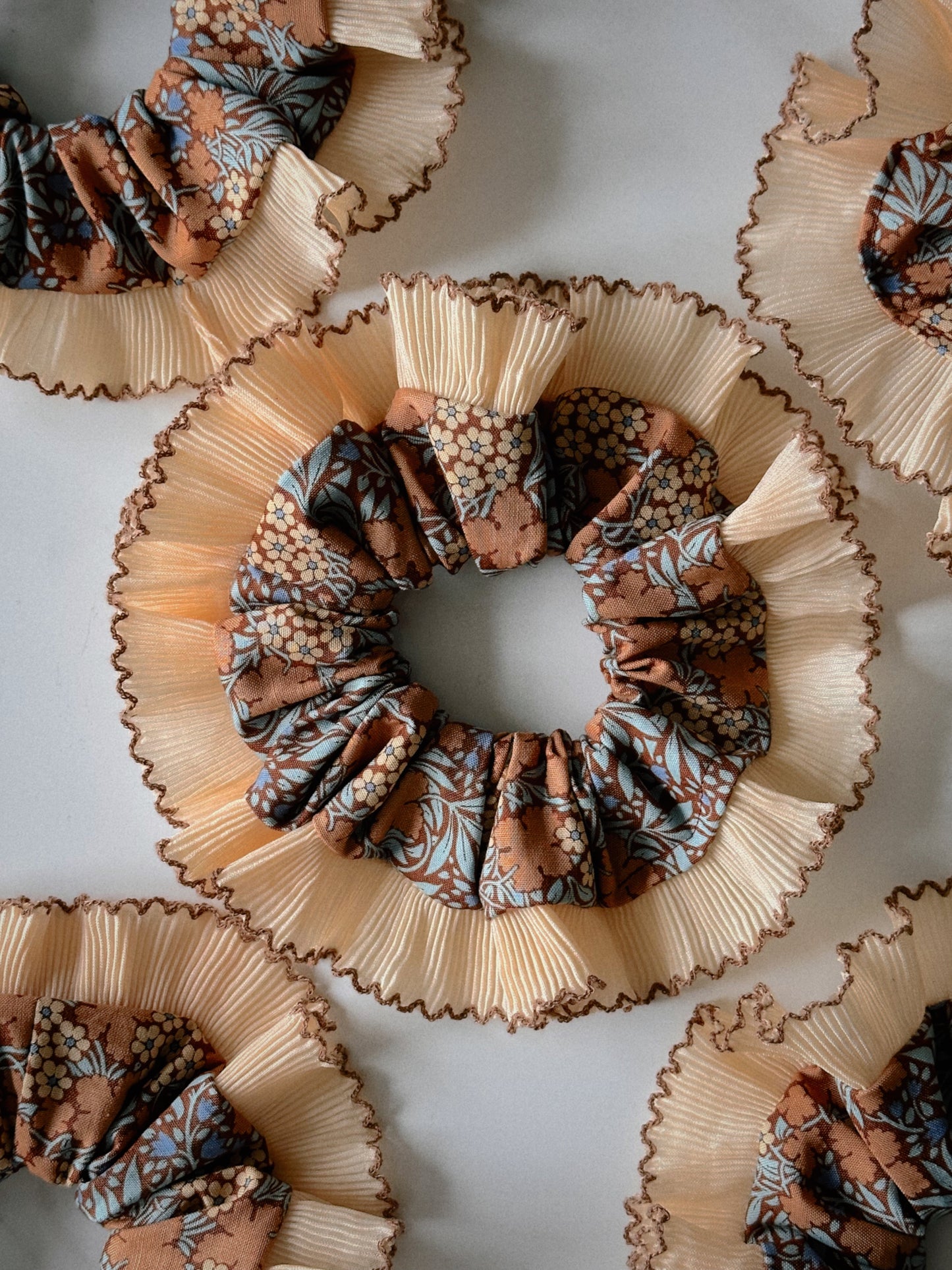 XL Brown Floral Scrunchie with Cream and Brown Frill Trim