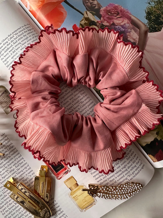 XL Dusk Pink Scrunchie with Pink and Red Frill Trim