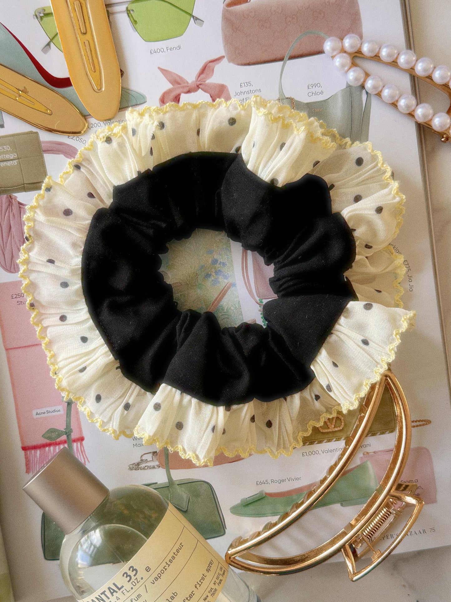 Oversized Black Scrunchie with Yellow Polkadot Trim