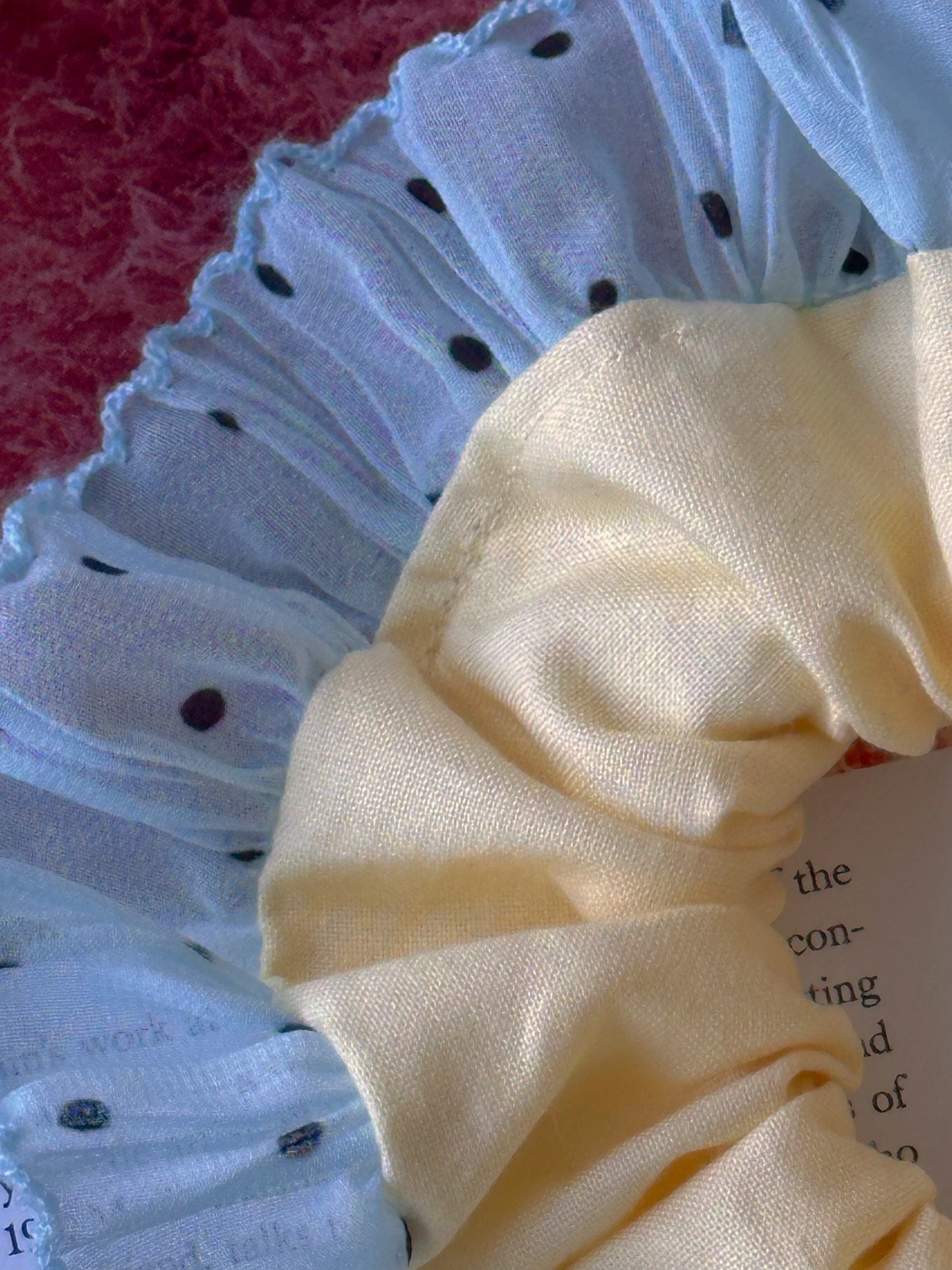 Oversized Butter Yellow  Scrunchie with Blue Polkadot Trim